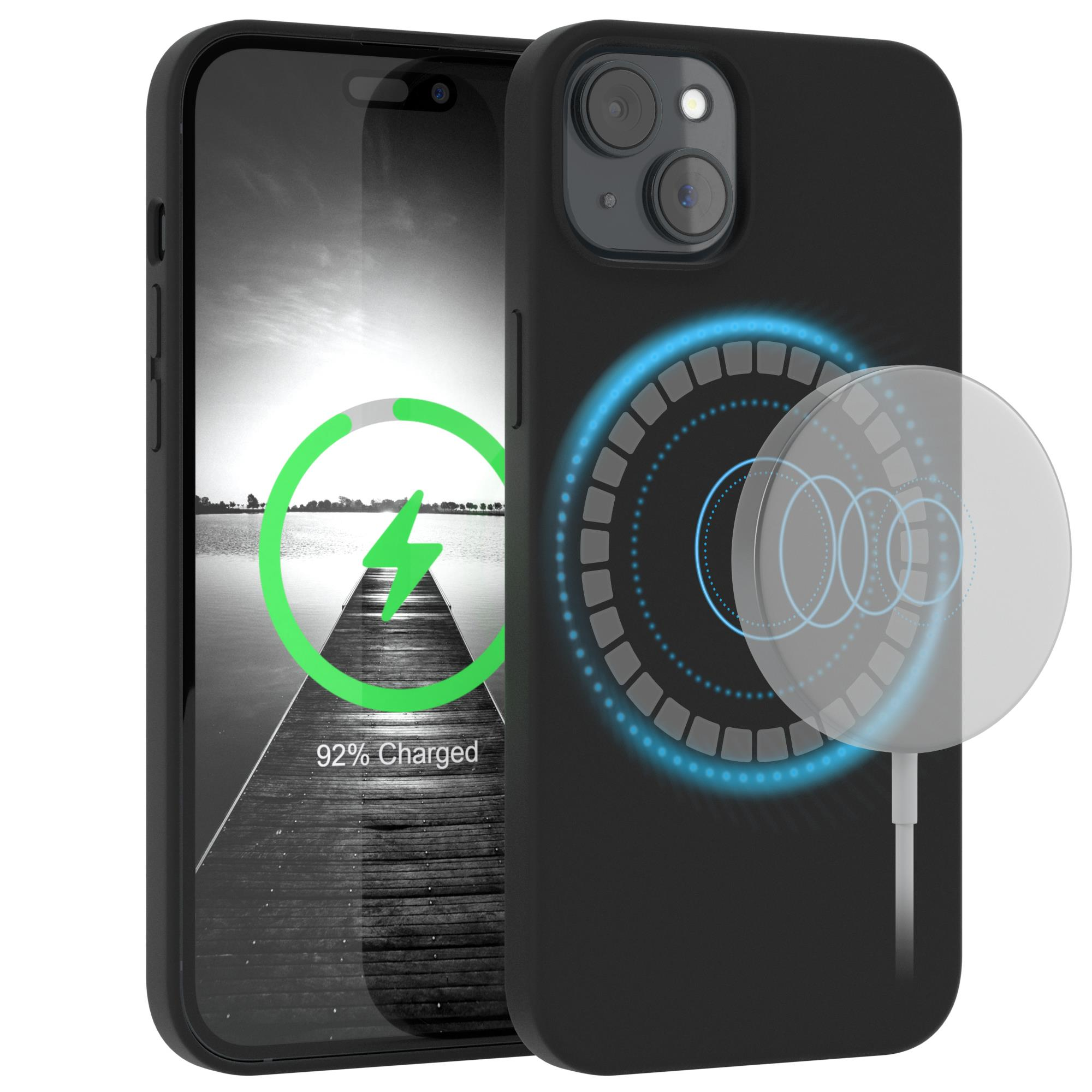 Schwarze Handyhülle mit einem Telefon und einem kabellosen Ladegerät. Der Bildschirm zeigt eine Ladeanzeige bei 92 %.