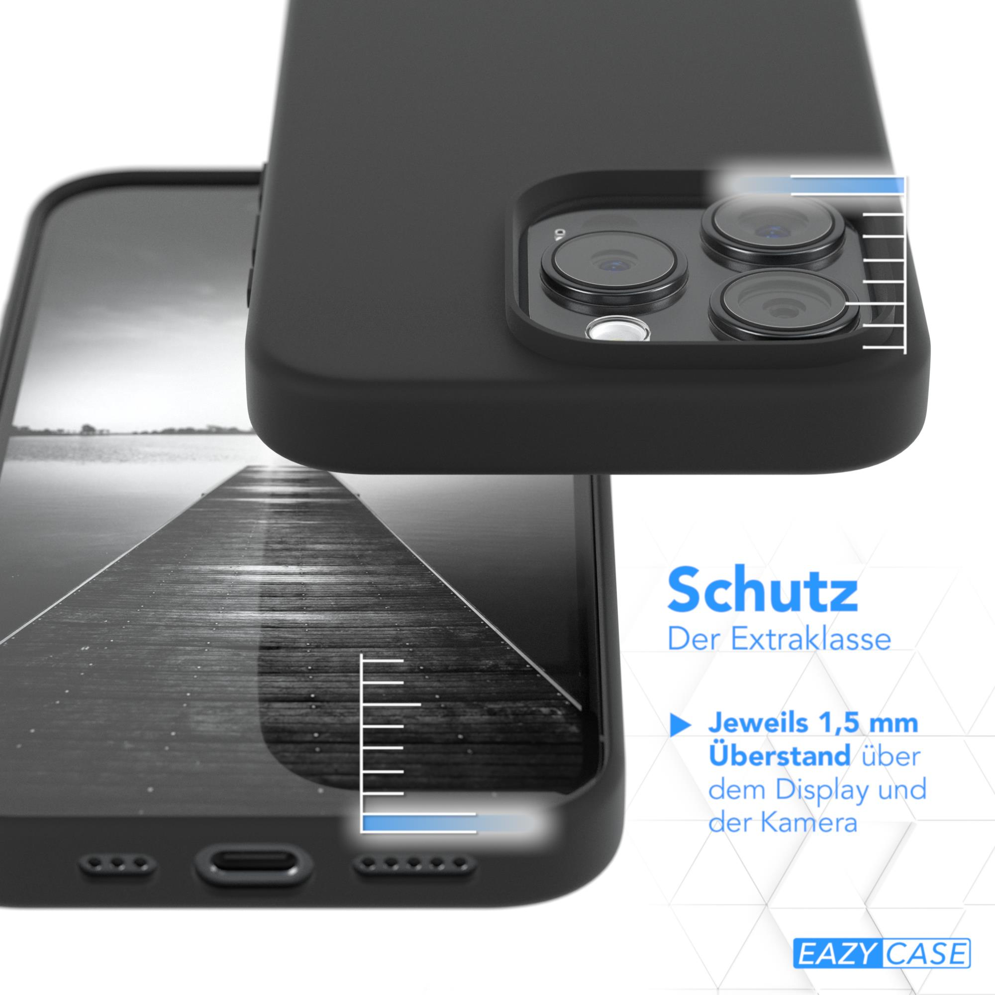 Eine schwarze Handyhülle, die ein Telefon schützt, Text, der Schutz sagt, und andere Details sind sichtbar.