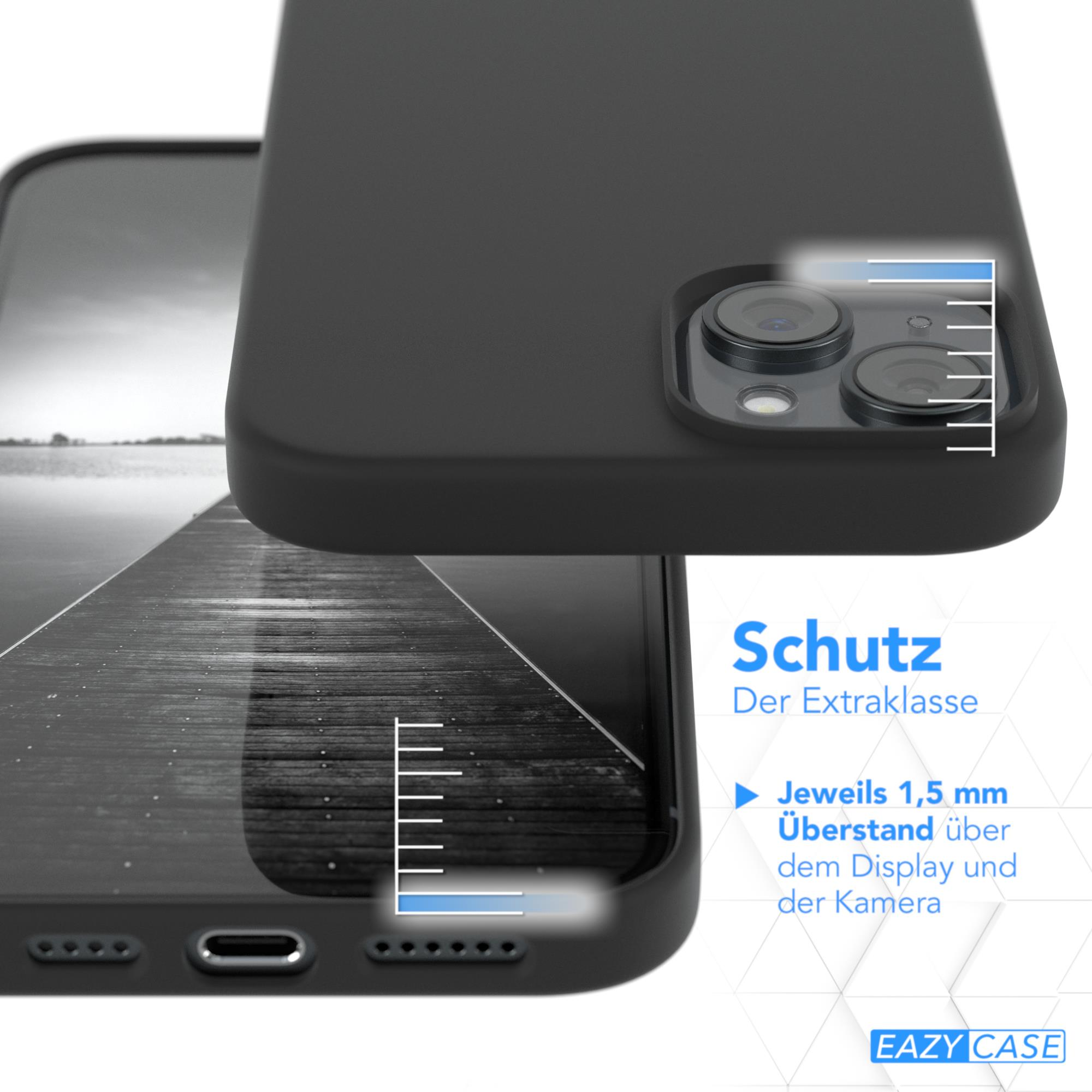 Nahaufnahme einer schwarzen Handyhülle auf einem Telefon. Weißer Hintergrund.