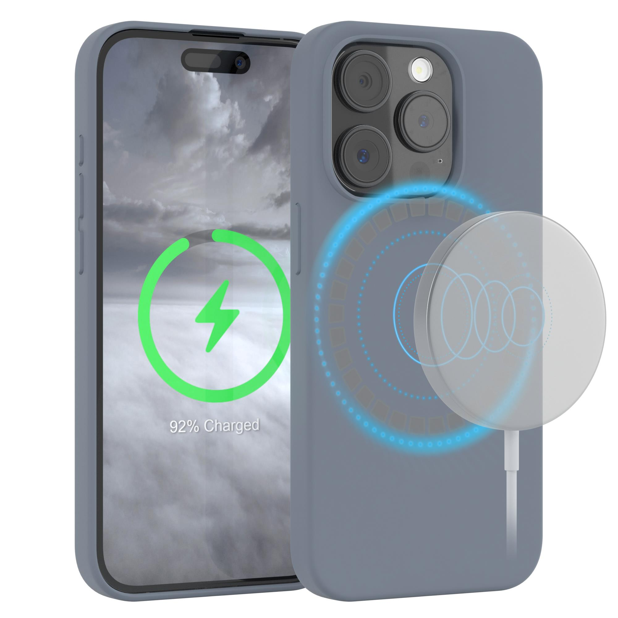 Blaue Handyhülle, mit einem Ladepad. Telefon ist in der Hülle. Das Telefon ist zu 92% geladen.