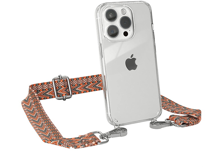 EAZY CASE Transparente Handyhülle mit Kordel Boho Style, Umhängetasche, Apple, iPhone 15 Pro, Orange / Grün