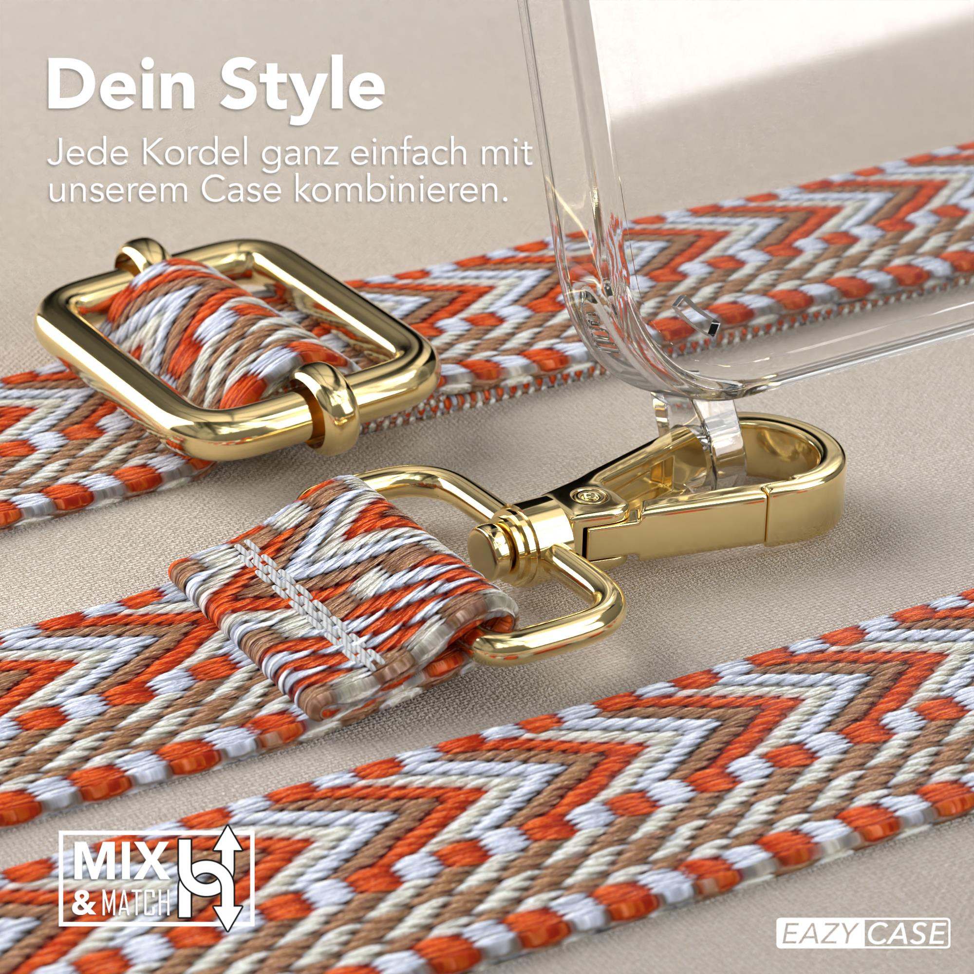 Eine transparente Handyhülle mit buntem Gurt und goldfarbener Hardware. Der Gurt hat ein orange-weißes Muster.