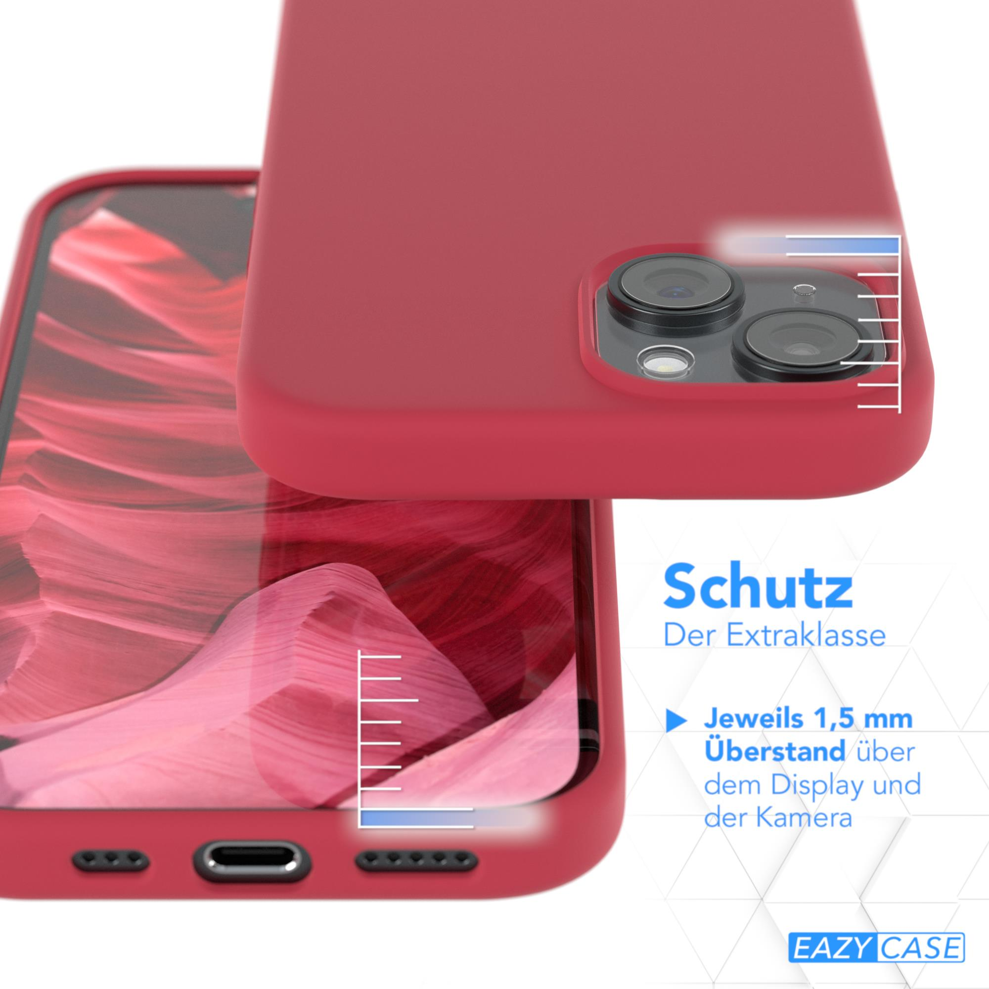 Rote Handyhülle über dem Telefon. Text sagt Schutz und 1,5 mm über Display und Kamera.