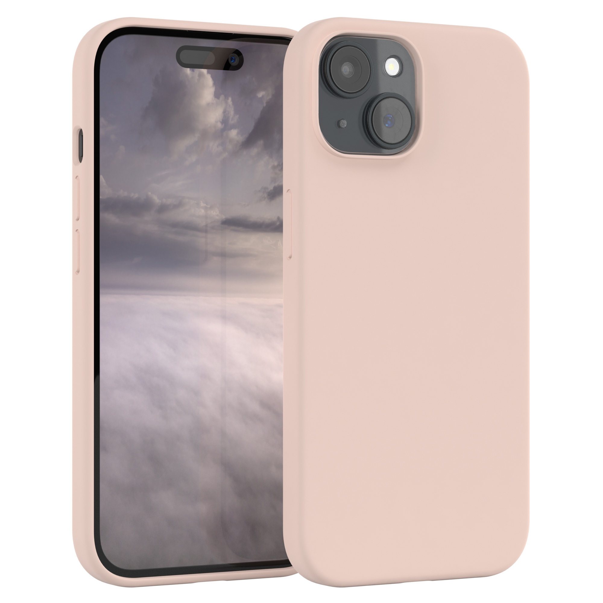 Rosa Telefon mit Hülle. Der Bildschirm zeigt verschwommene Landschaft. Telefon rechts.