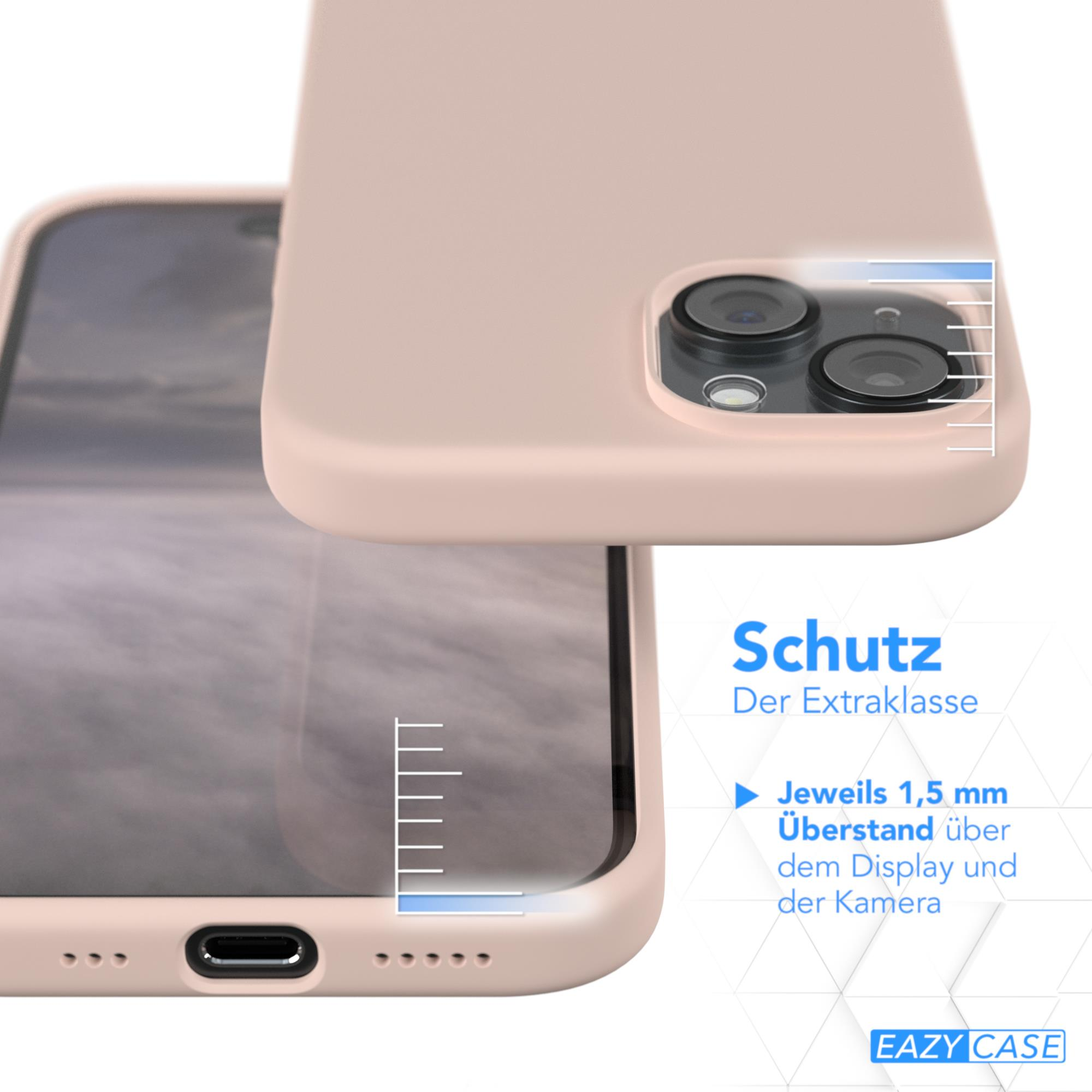 Nahaufnahme einer rosa Handyhülle. Schutzdetails werden gezeigt. Text und Maße. Weißer Hintergrund.