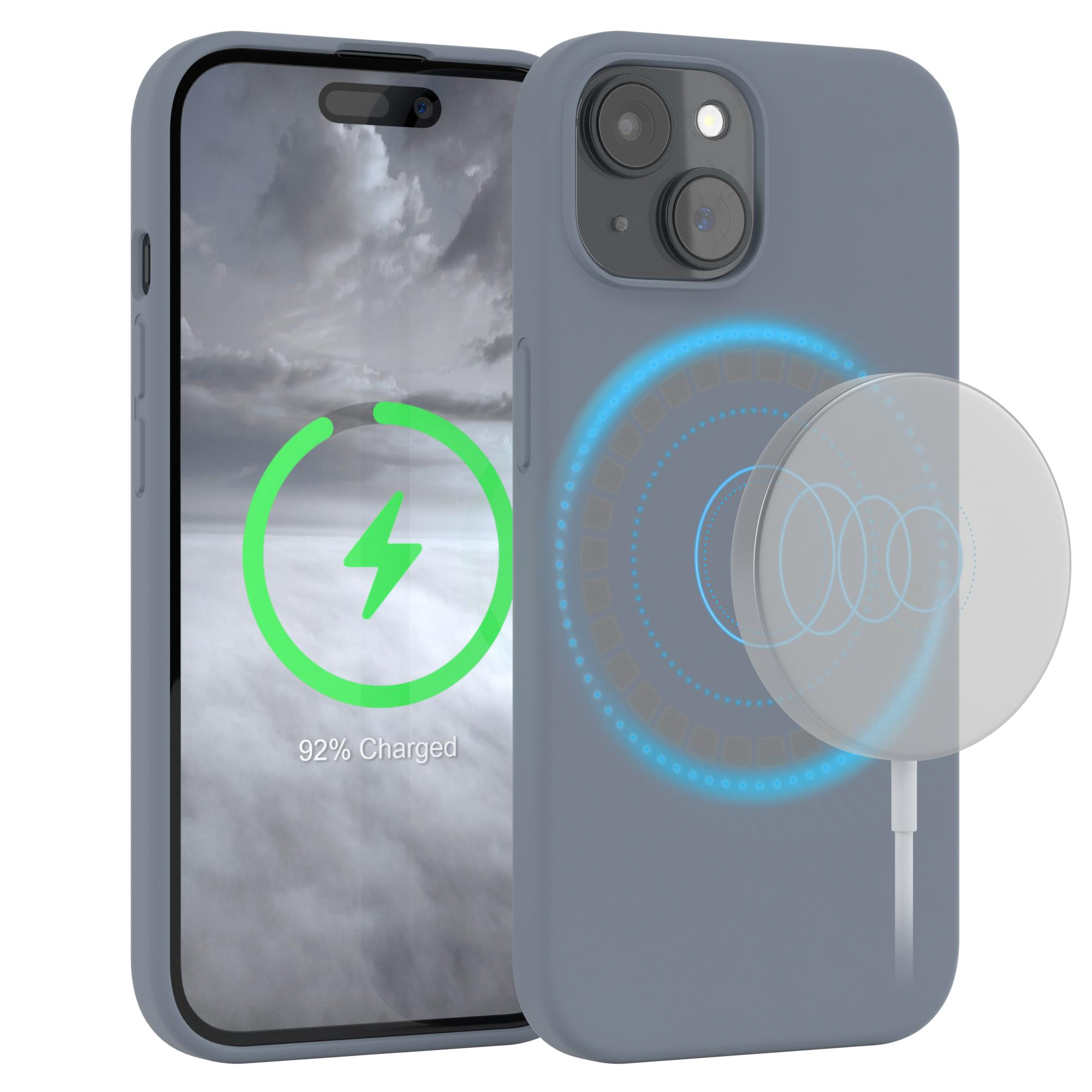 Ein blaues Telefon in einer Hülle mit Ladesymbol. Das Telefon zeigt eine Lade-Grafik. Ein kabelloses Ladegerät ist in der Nähe.