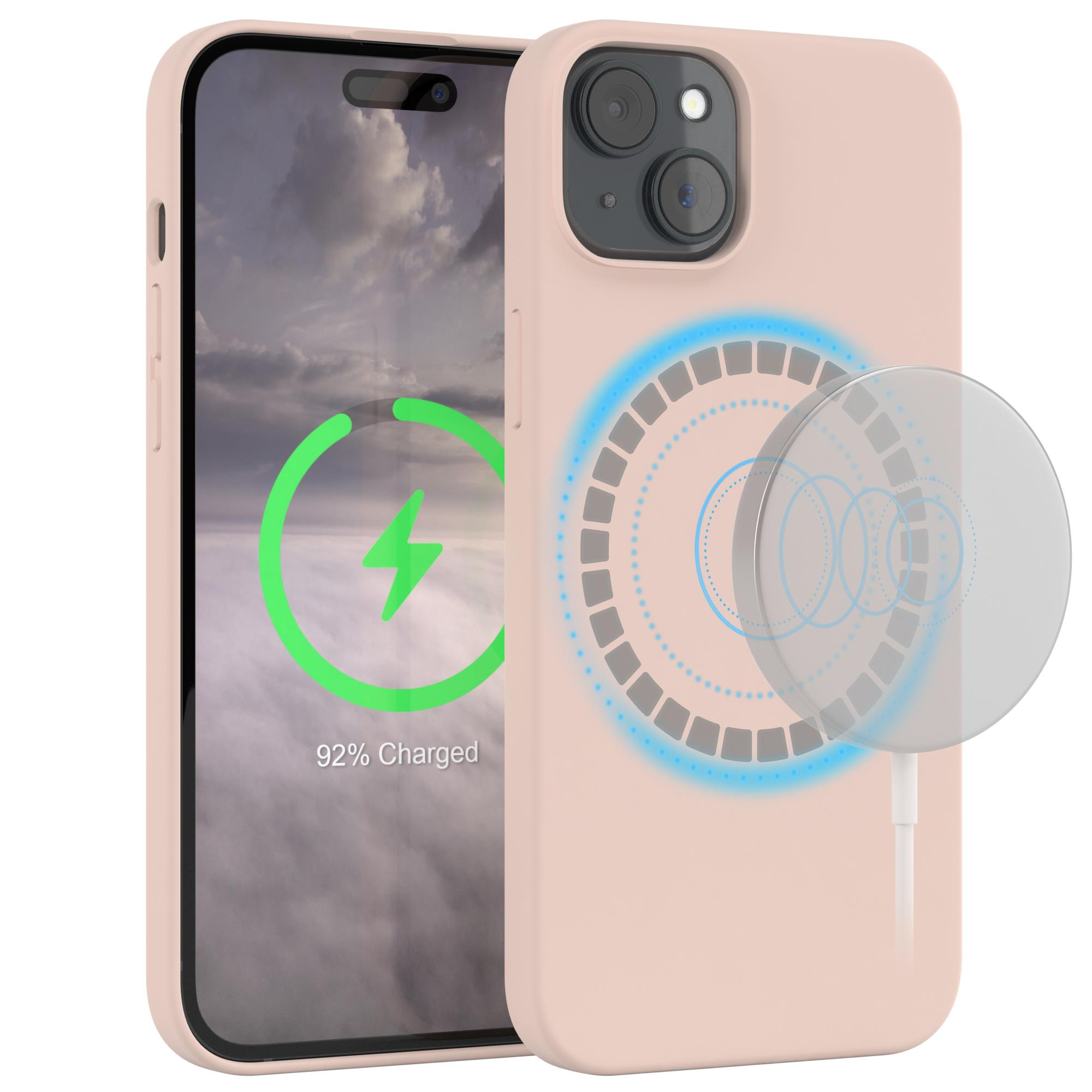 Ein Telefon in einem rosa Gehäuse mit Ladepad, das ein Ladesymbol anzeigt. Der Bildschirm zeigt 92% geladen.