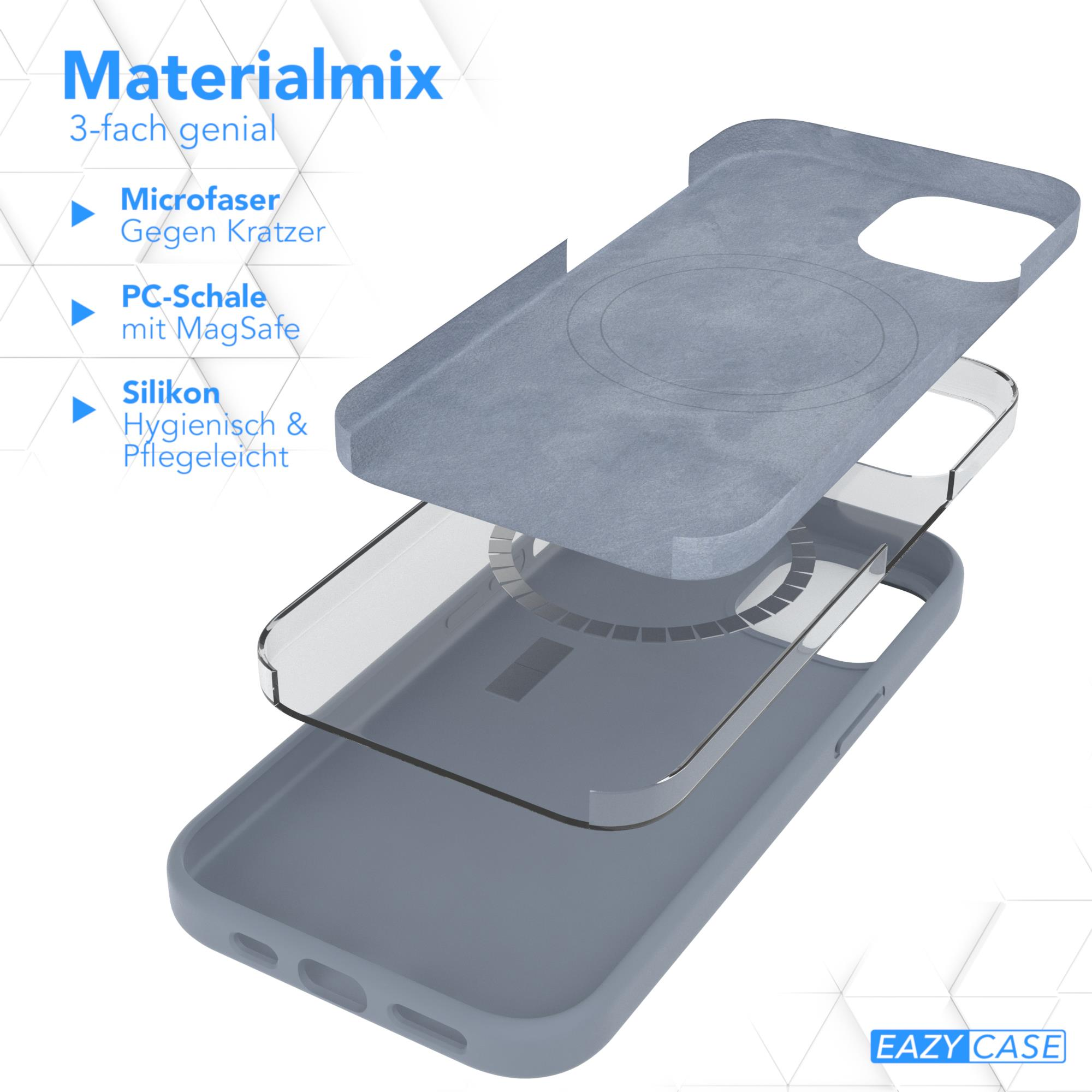 Eine zerlegte Handyhülle mit Materialschichten. Text oben beschreibt die Materialien und ihre Funktionen.
