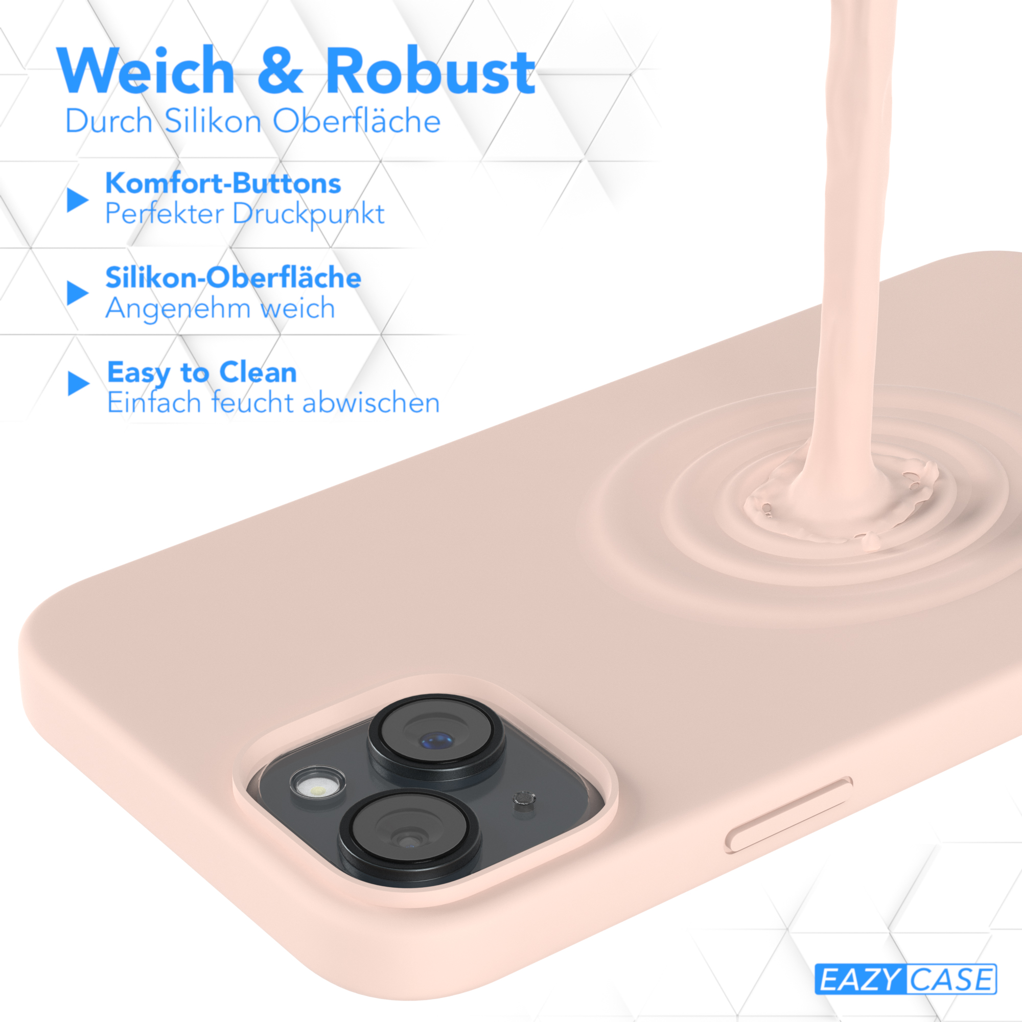 Nahaufnahme einer rosa Handyhülle, Flüssigkeit wird darüber gegossen, zeigt die Eigenschaften und das Design.