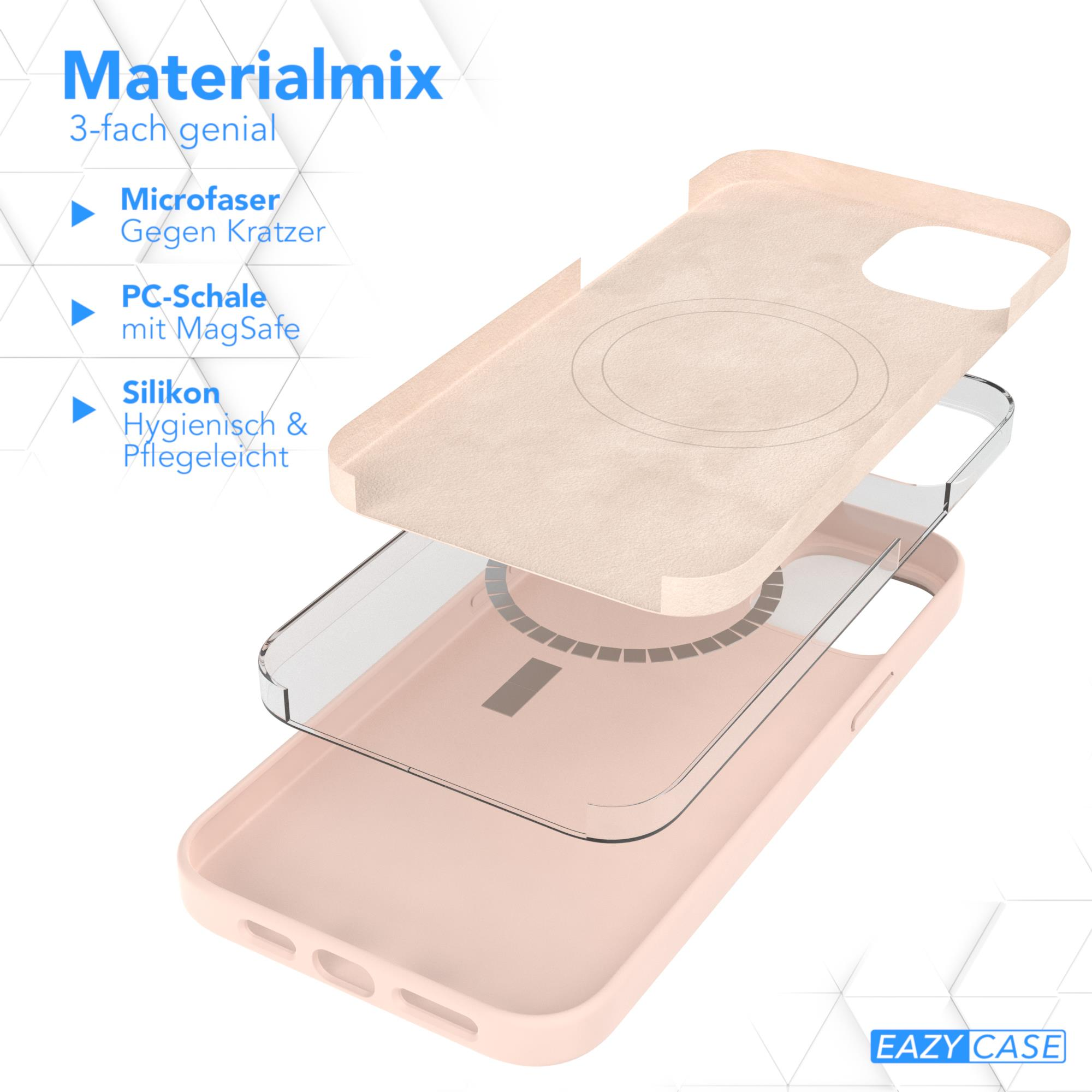 Dreischichtige rosa Handyhülle: Mikrofaser, PC mit MagSafe und Silikon. Materialmix.