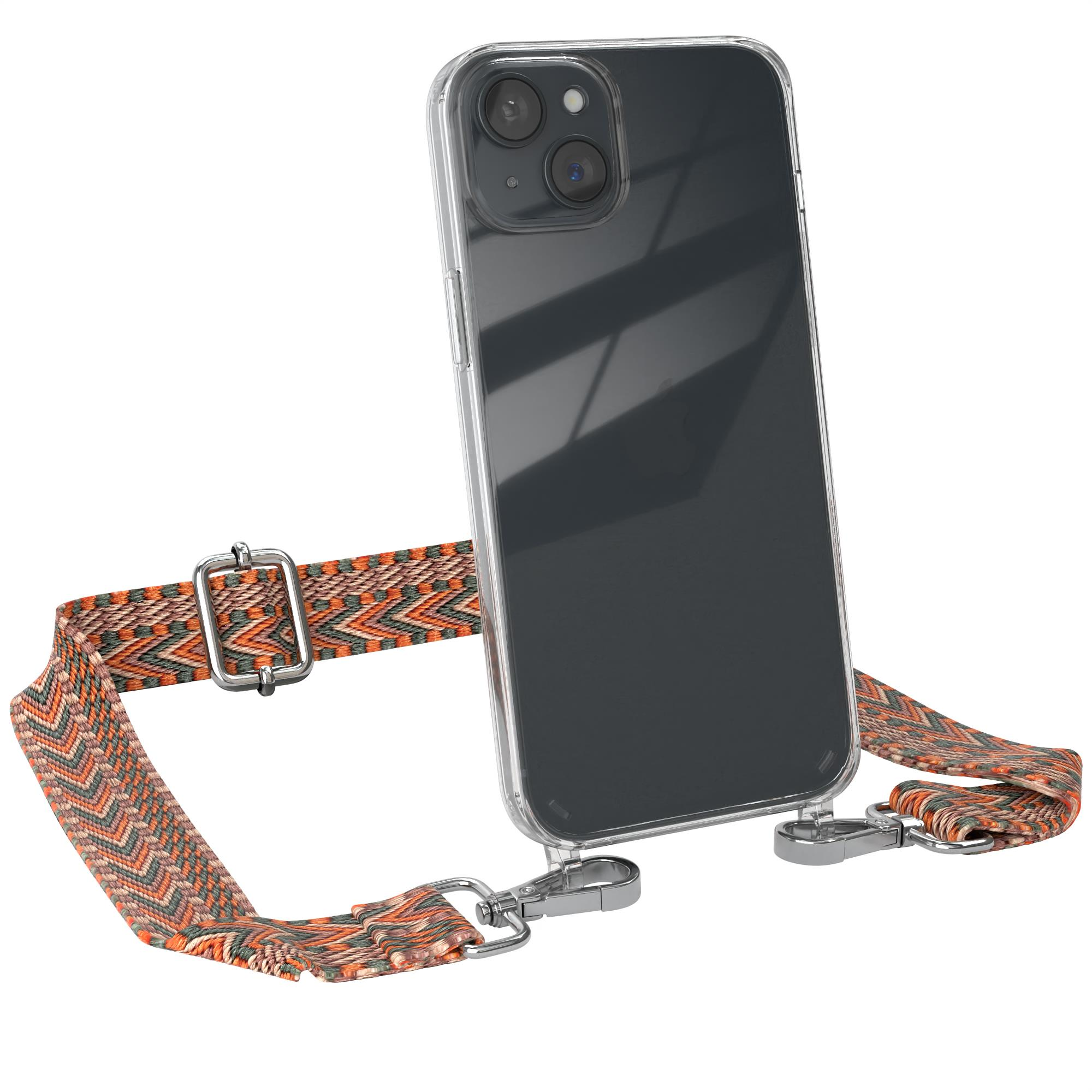 Transparente Handyhülle mit Trageriemen. Das Telefon hat mehrere Kameras. Gurt mit Muster.