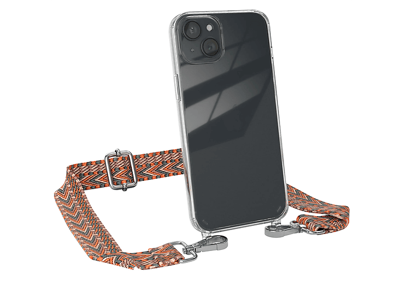 EAZY CASE Transparente Handyhülle mit Kordel Boho Style, Umhängetasche, Apple, iPhone 15 Plus, Orange / Grün