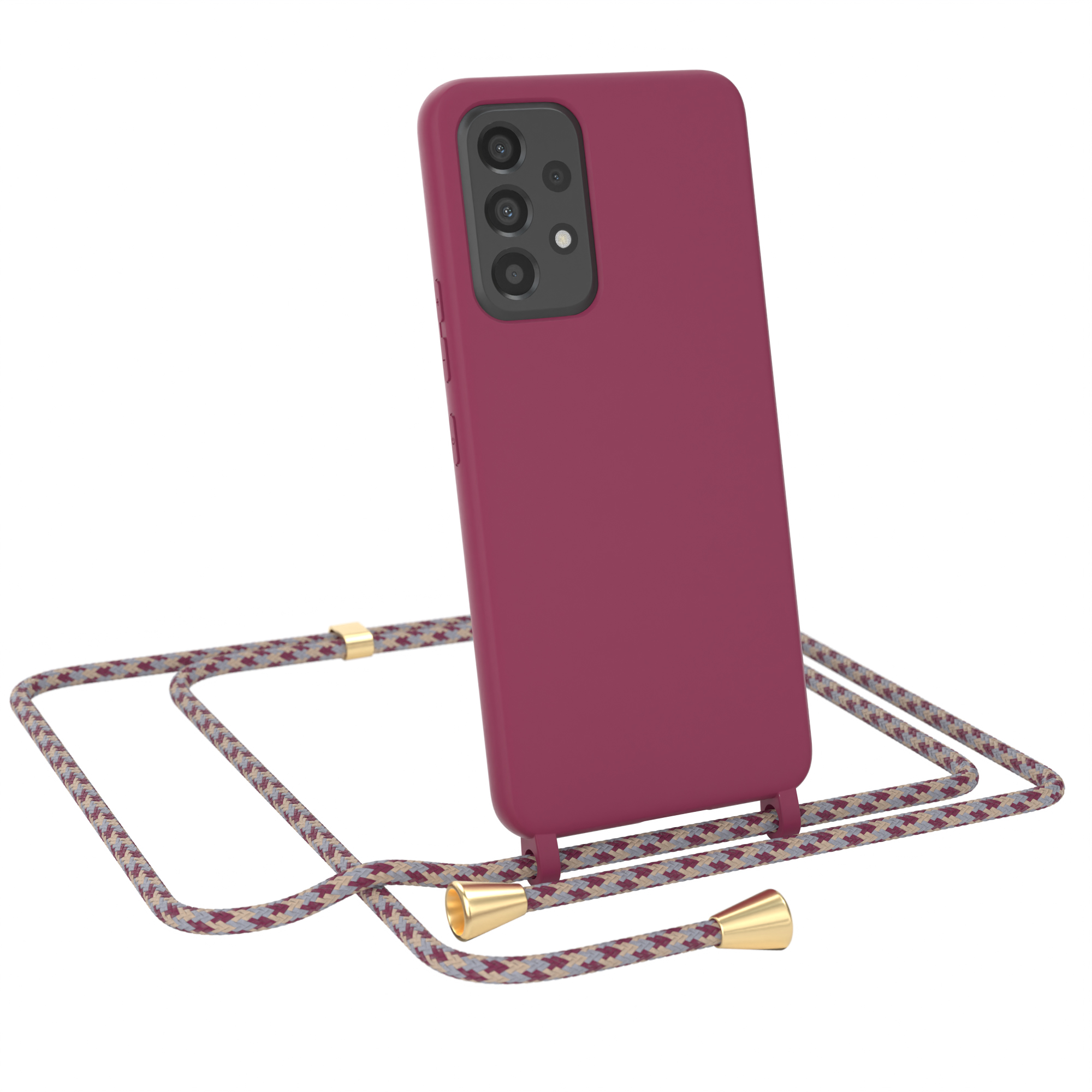 Ein Telefon in einem weinroten Gehäuse mit einem gemusterten Schlüsselband, das Schlüsselband ist mit goldenen Akzenten befestigt.