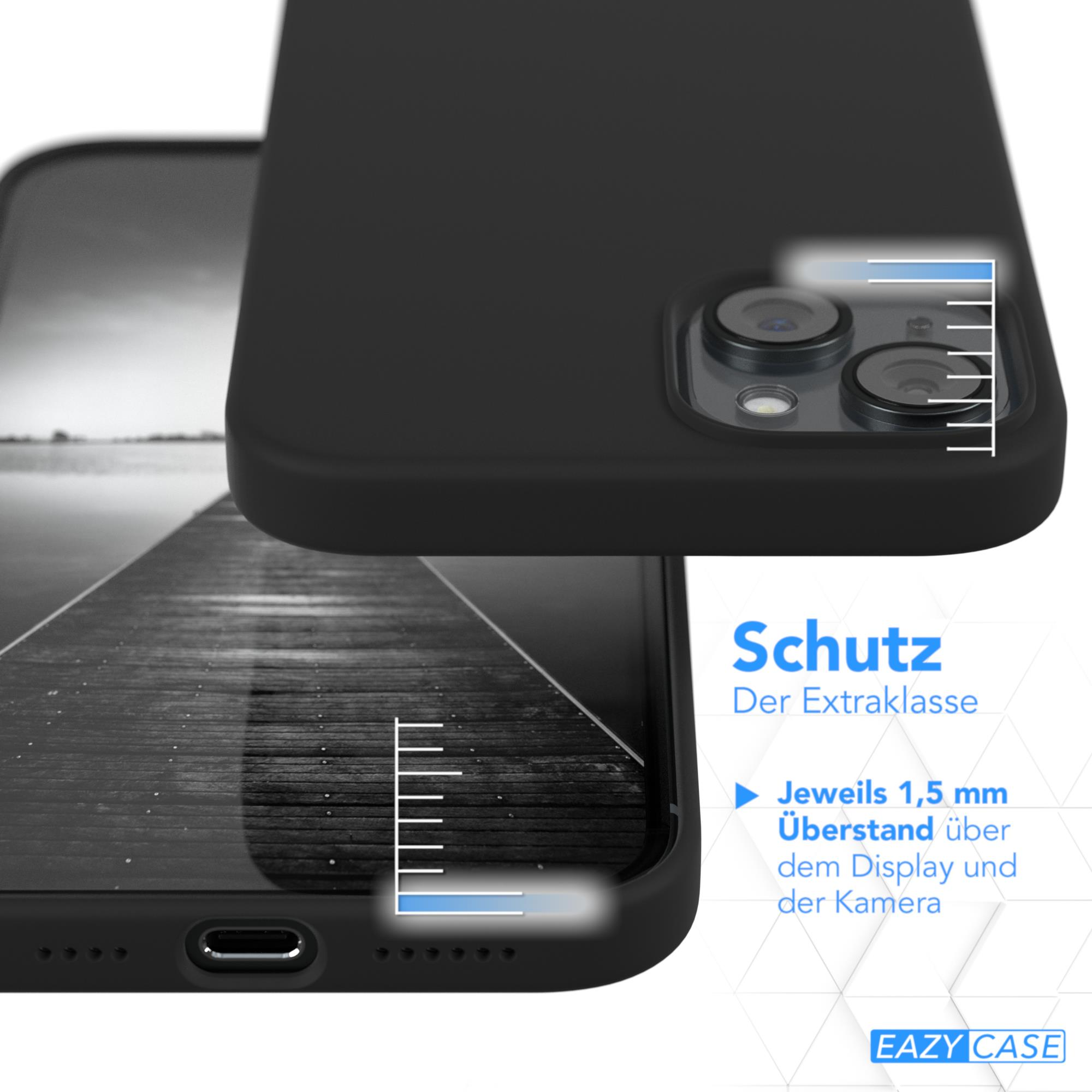 Eine schwarze Handyhülle auf einem Telefon. Text zeigt 1,5 mm über Display und Kamera zum Schutz.