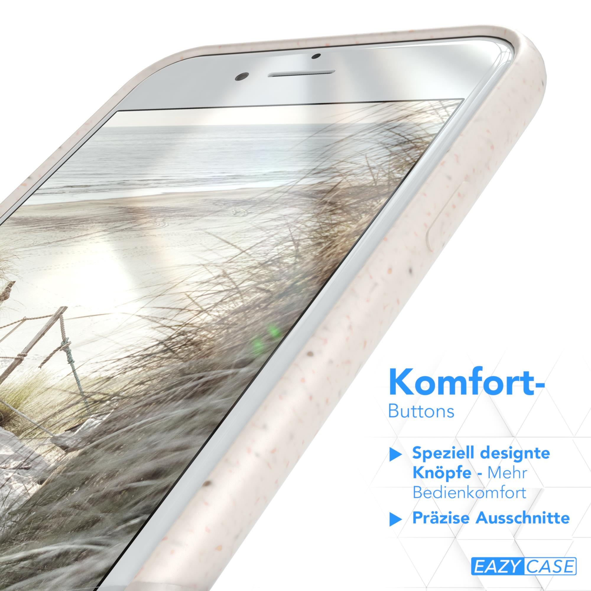 Smartphone mit strukturierter Hülle, die eine Strandszene zeigt. Knöpfe Design hervorgehoben.
