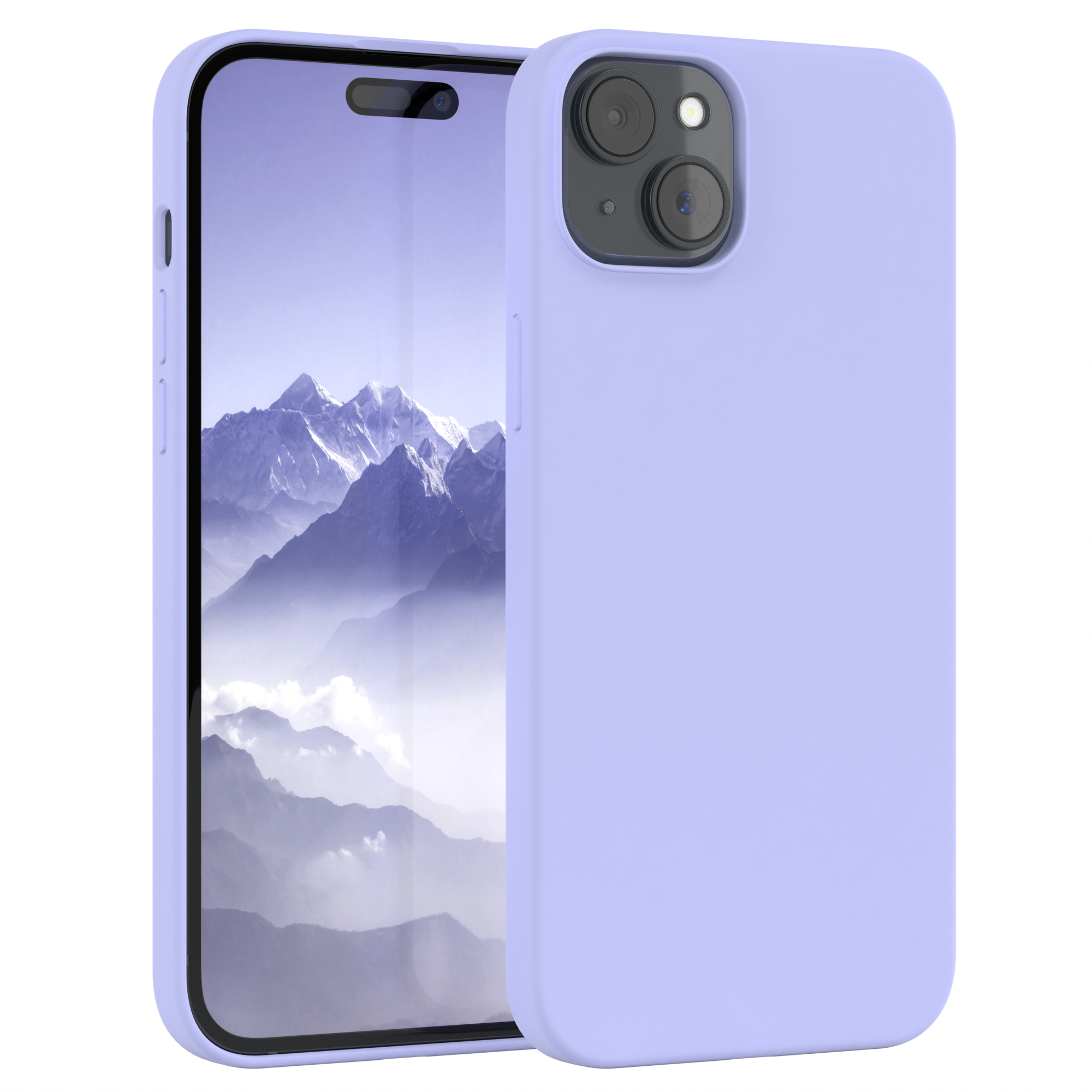 Ein lila Telefon in einer lila Hülle, mit weißem Hintergrund. Das Telefon hat drei Kameras.