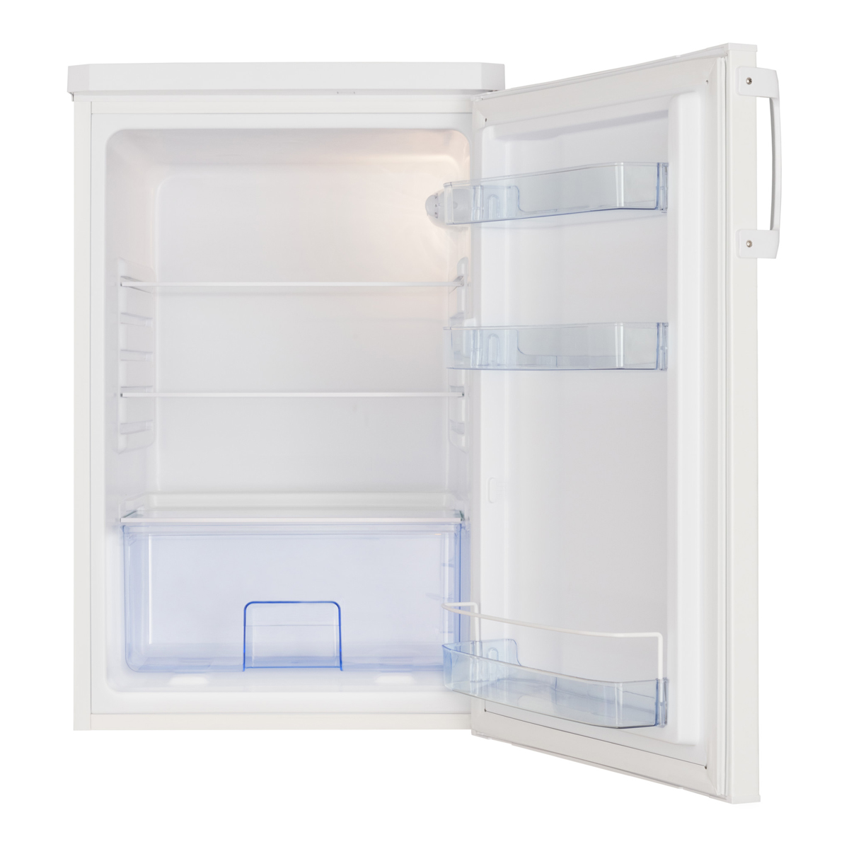 Ein offener weißer Kühlschrank mit Regalen und Schubladen. Weißer Hintergrund.