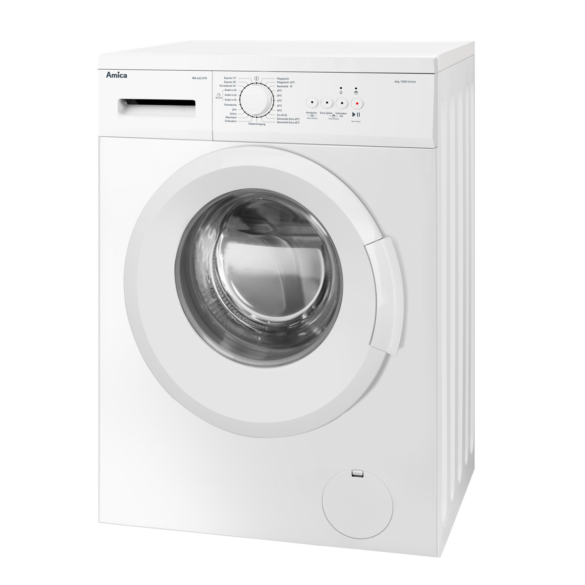 Weiße Waschmaschine mit Frontlader und Bedienfeld mit verschiedenen Einstellungen.
