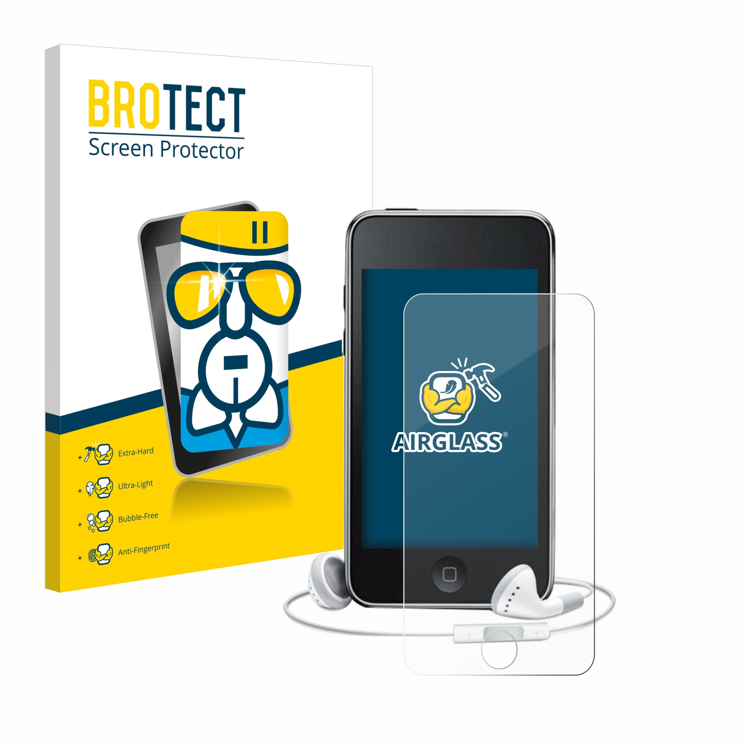 Ein iPod mit einer Displayschutzfolienbox, Kopfhörern und angebrachtem Displayschutz.
