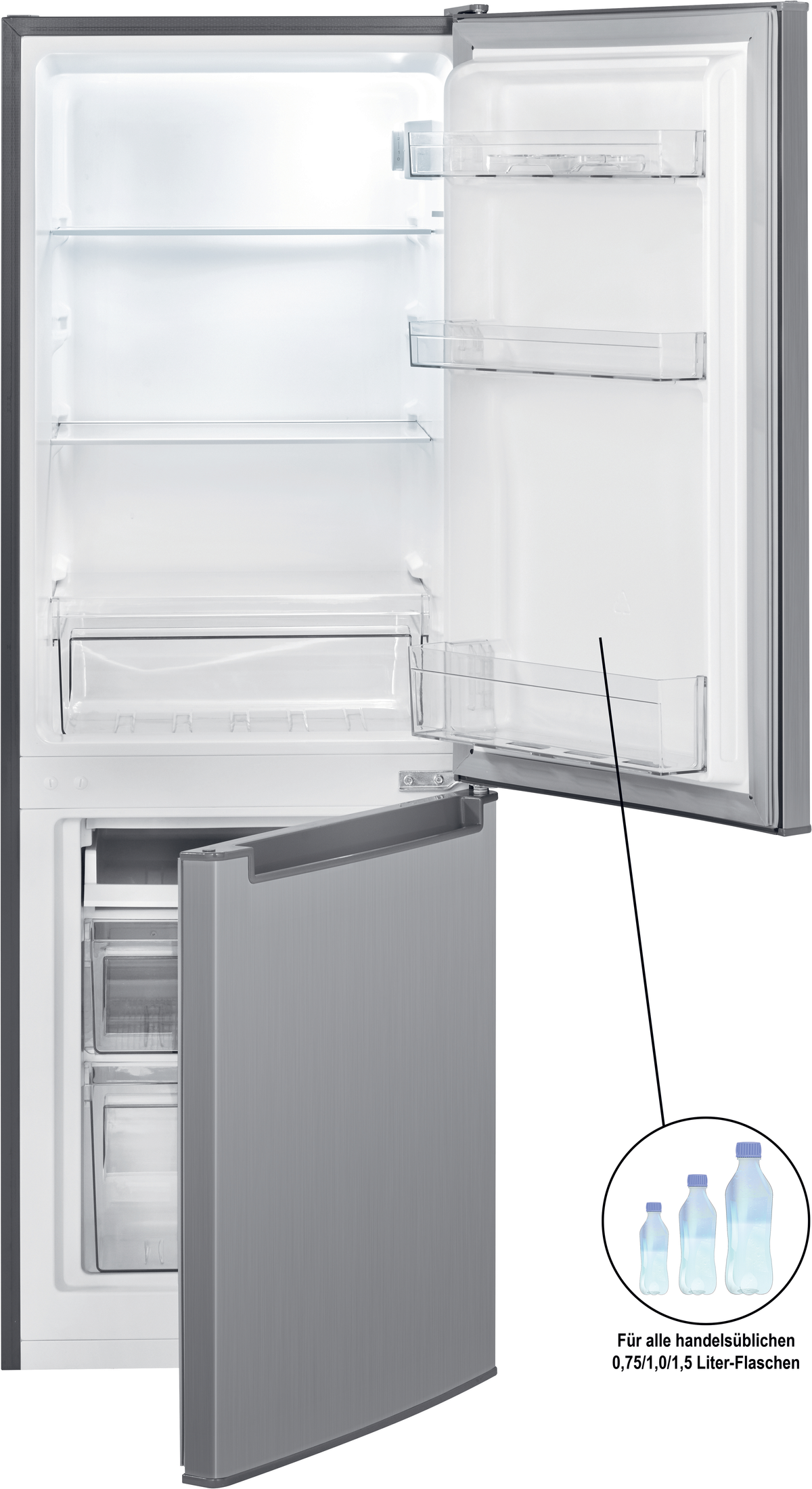 Kühlschrank offen, Regale und Flaschen zeigend.