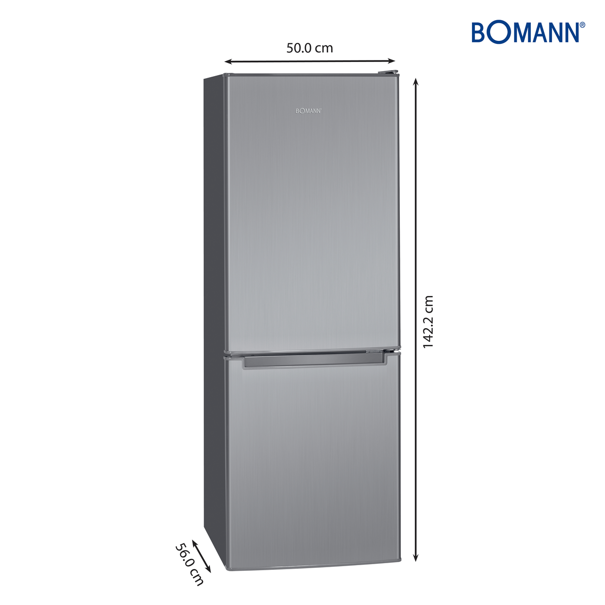 Ein grauer Kühlschrank mit Abmessungen. Es ist ein hohes Zweitürmodell.