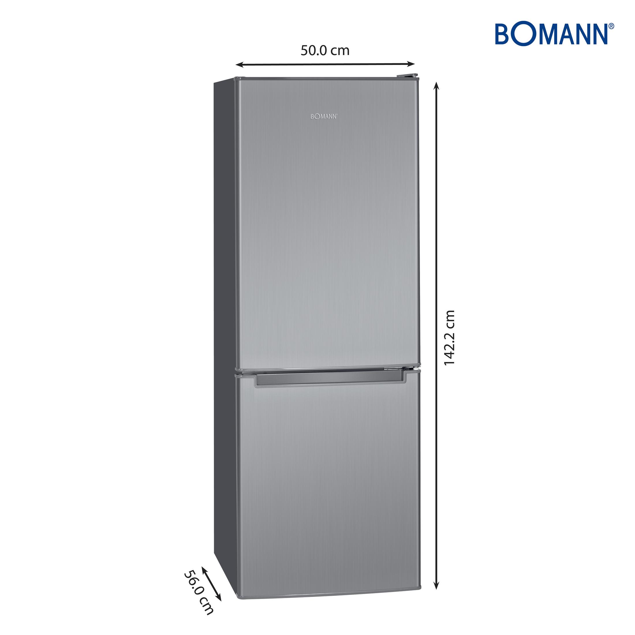 Ein silberner Bomann Kühlschrank mit Maßangaben.