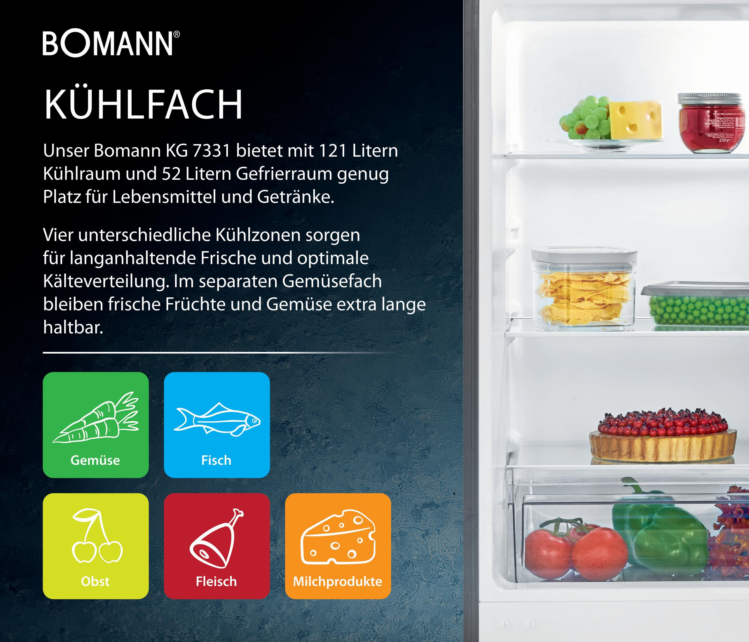Kühlschrank mit Lebensmittelaufbewahrung. Gemüse, Käse, Obst und Fleisch in Fächern.