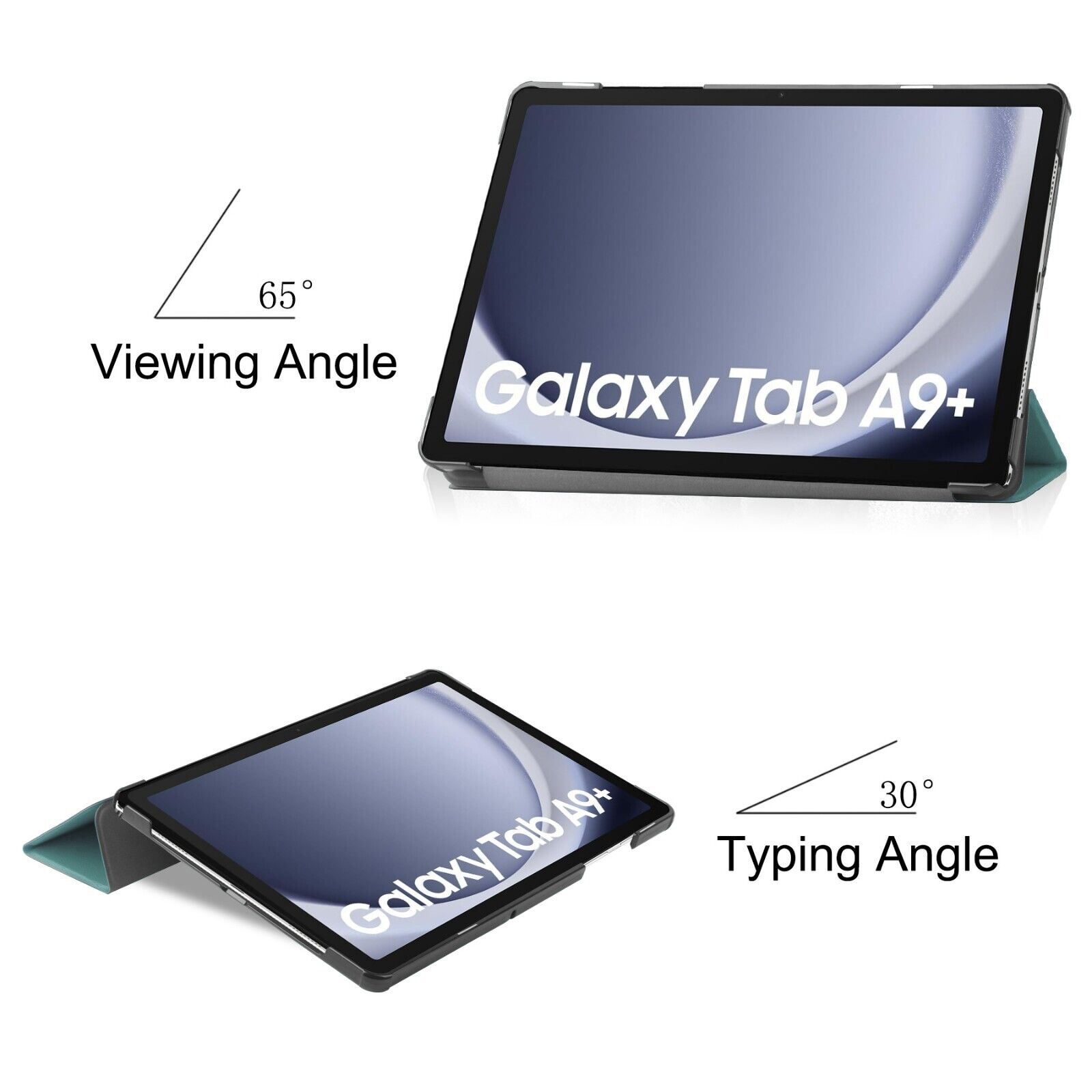 Zwei Ansichten eines Galaxy Tab A9+ Tablets in einem Case mit Betrachtungs- und Tippwinkeln.