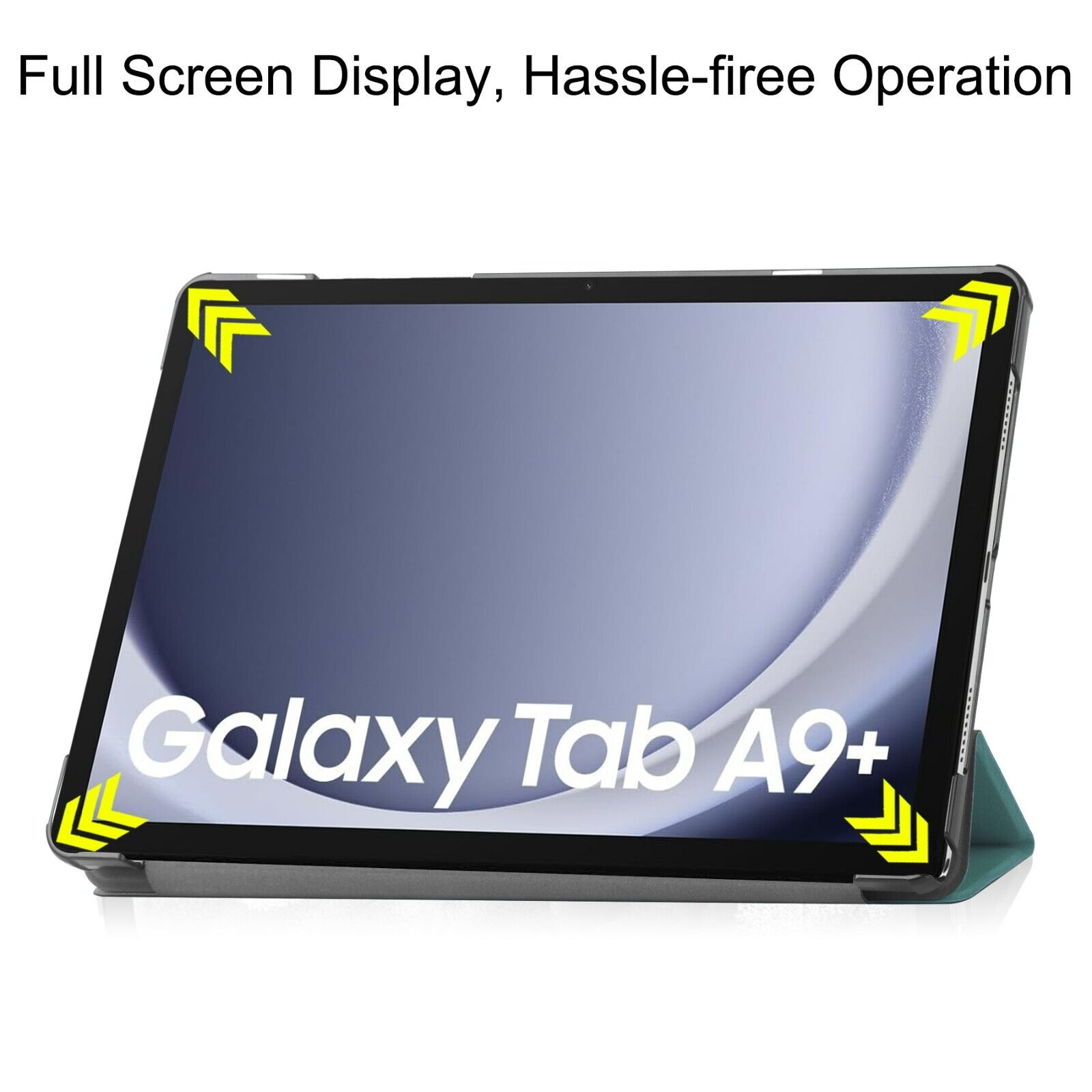 Tablet mit Hülle, Bildschirm an. Text Galaxy Tab A9+.