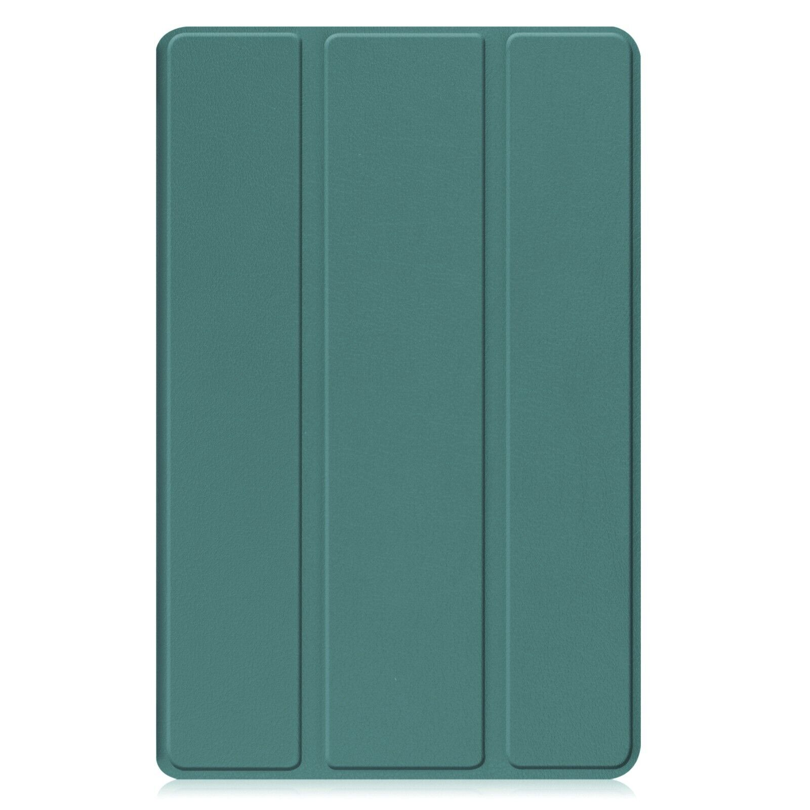 Eine teal Tablet-Hülle, geschlossen, mit drei vertikalen Paneelen auf der Vorderseite.