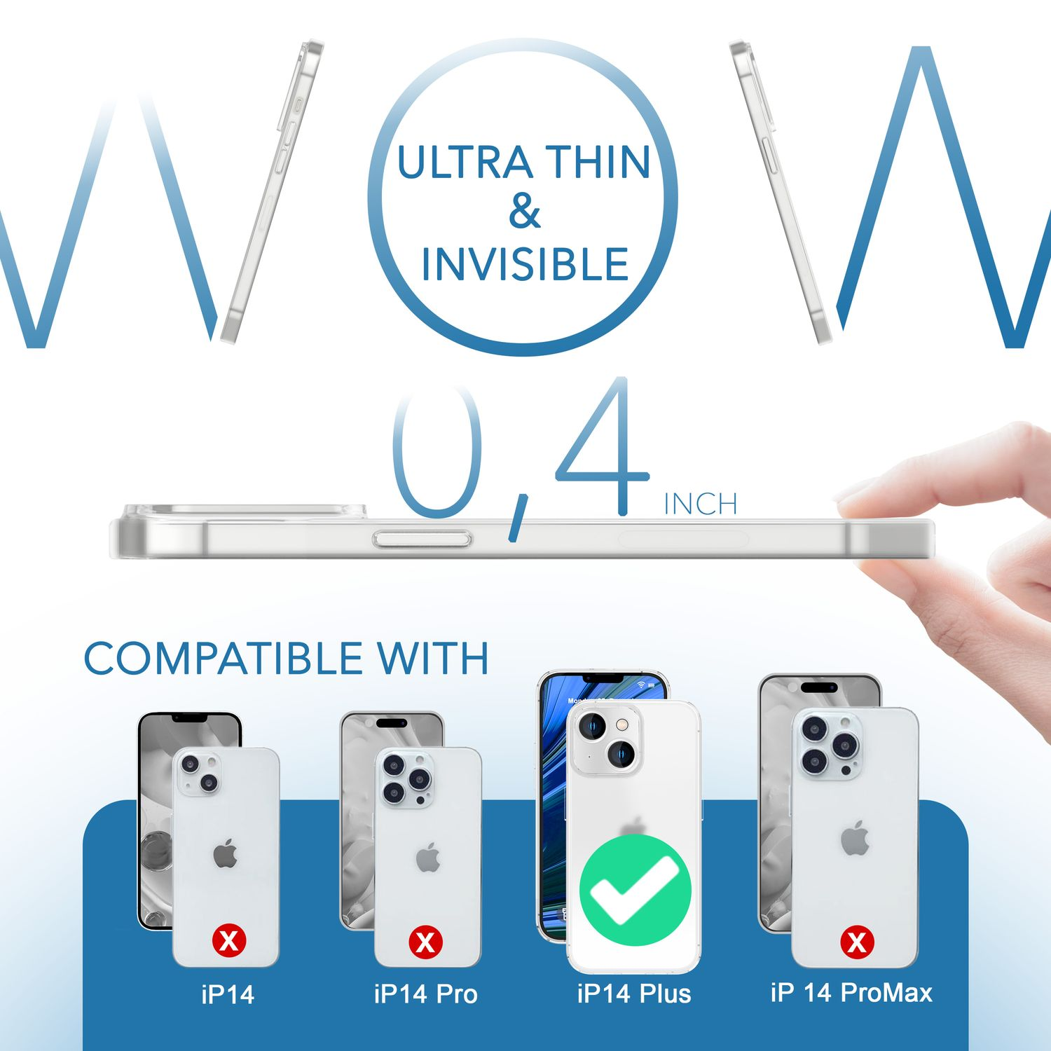 Transparente Handyhülle auf weißer Oberfläche, iPhone 14 Plus markiert, andere durchgestrichen.