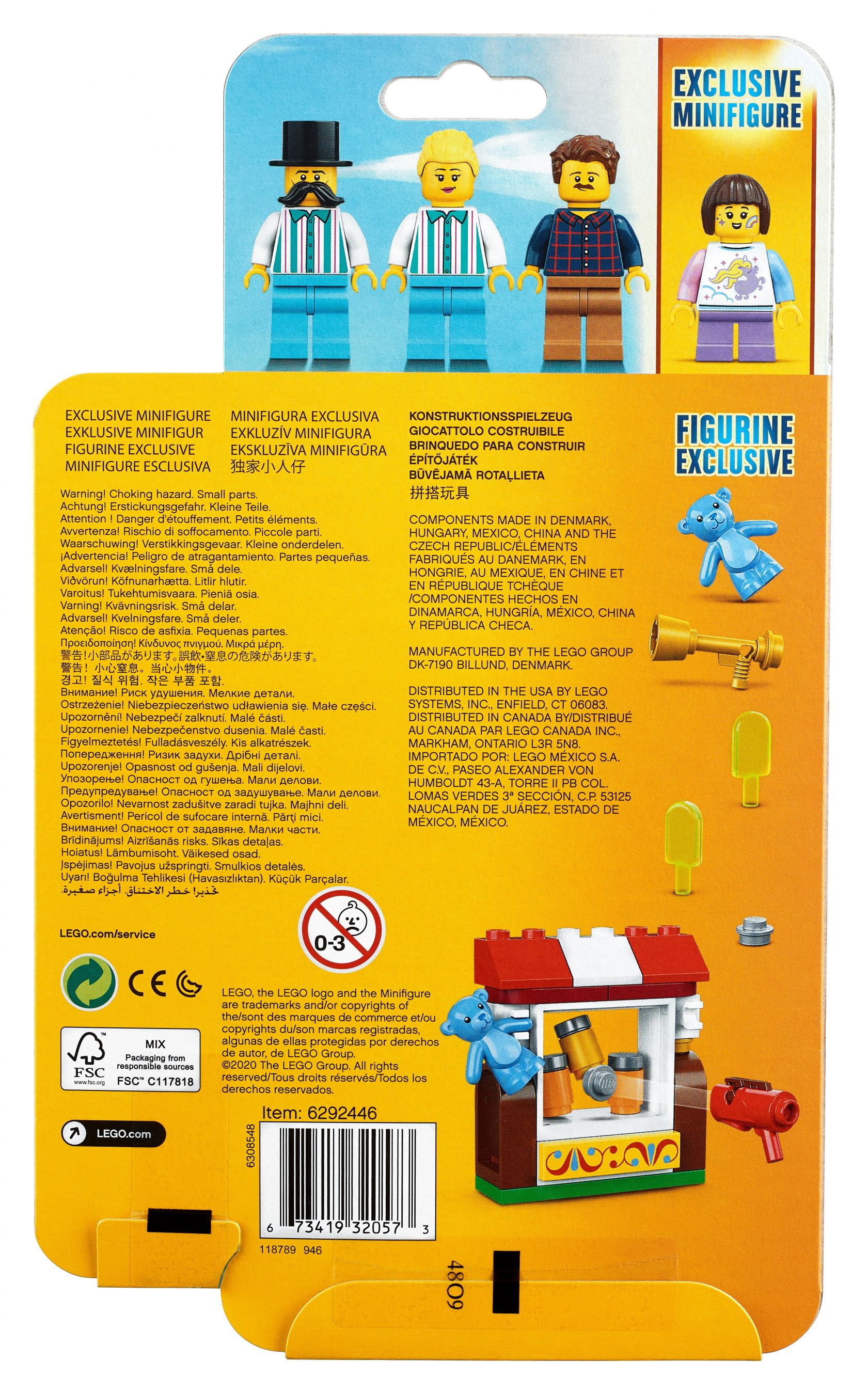 Şekiller, aksesuarlar ve talimatlarla Lego kutusunun arkası.