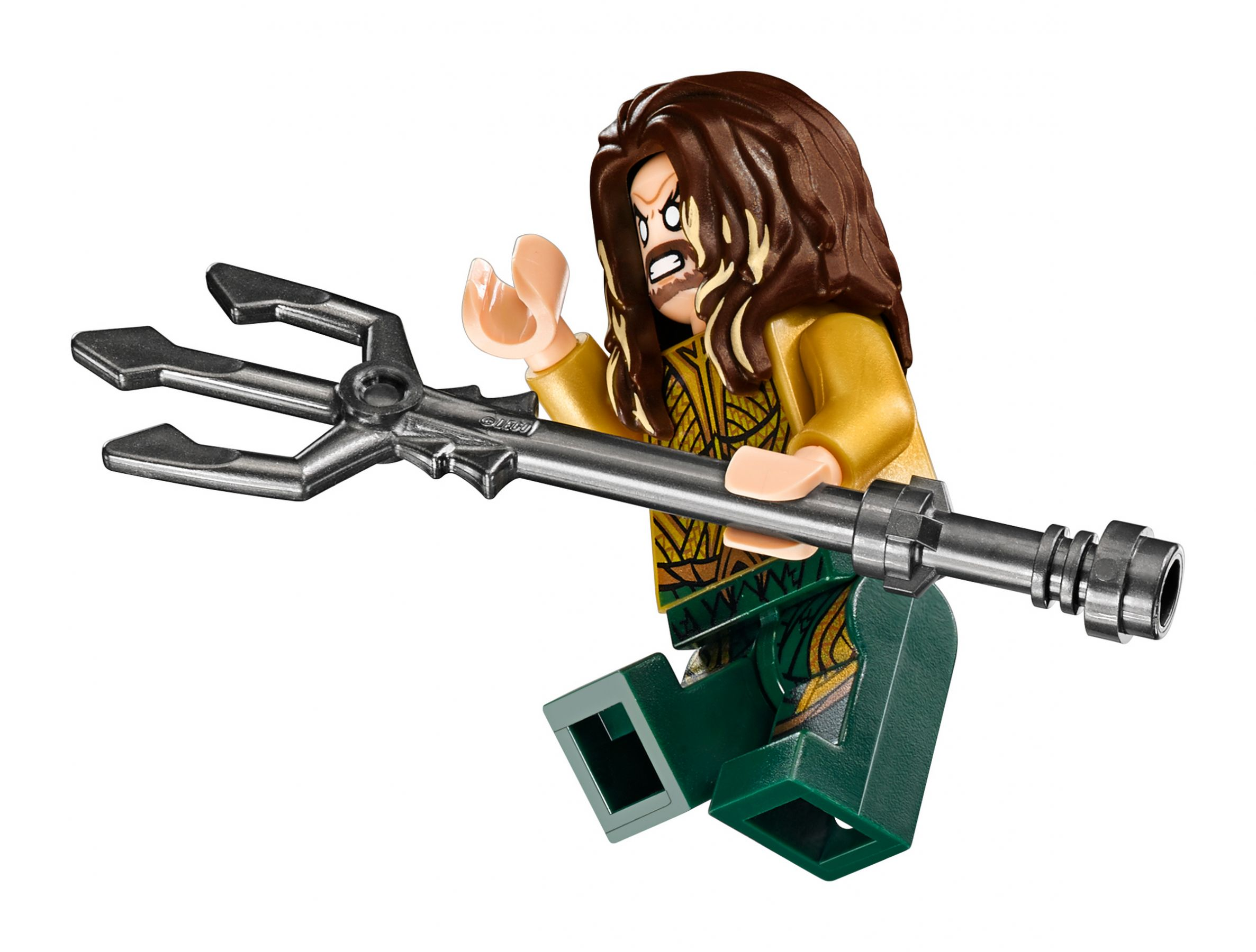 Figurka Lego Aquamana trzymająca trójząb, ze złą miną.
