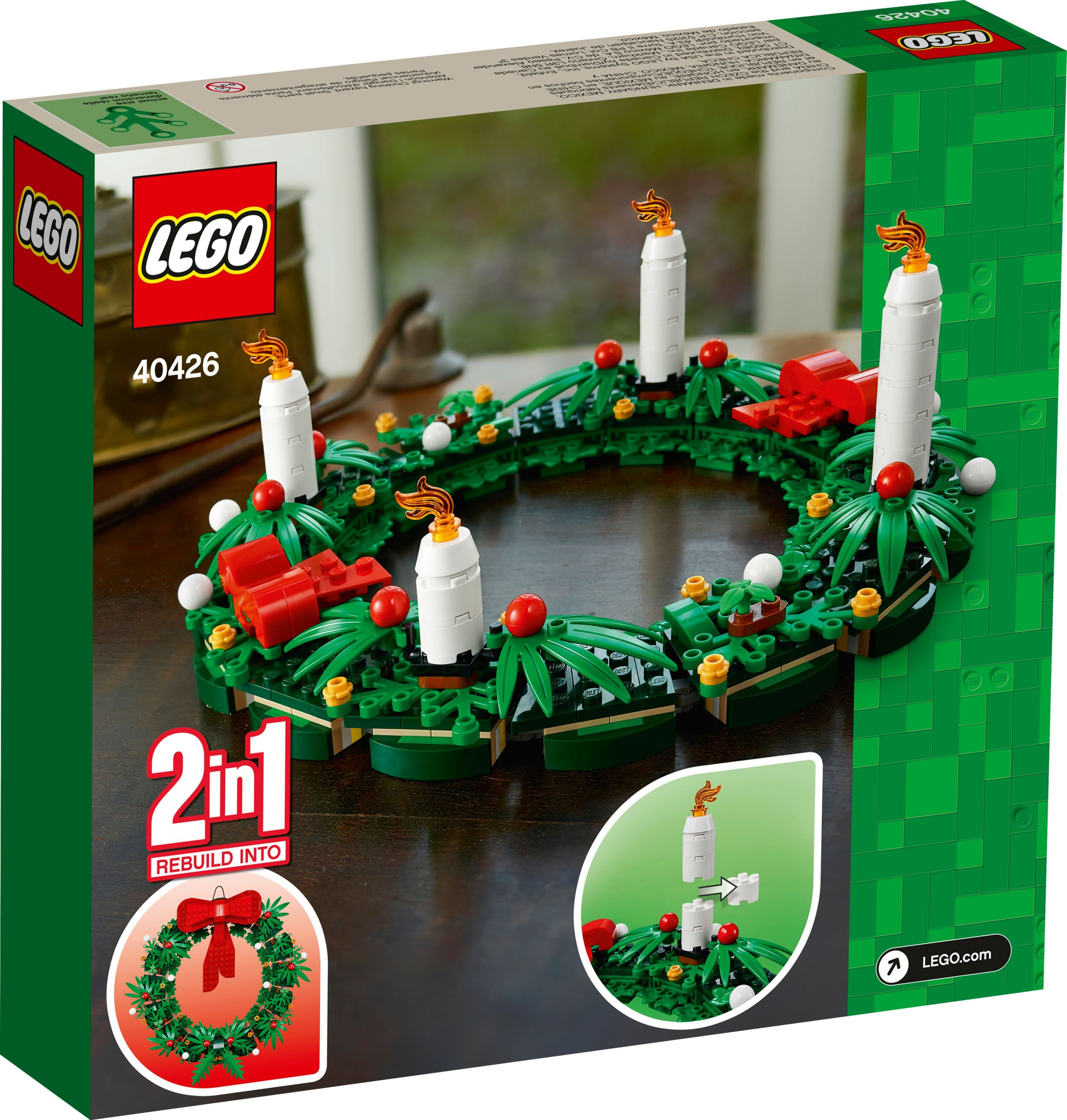 Lego Noel çelengi kutusu. Beyaz mumlar ve kırmızı detaylarla yeşil.