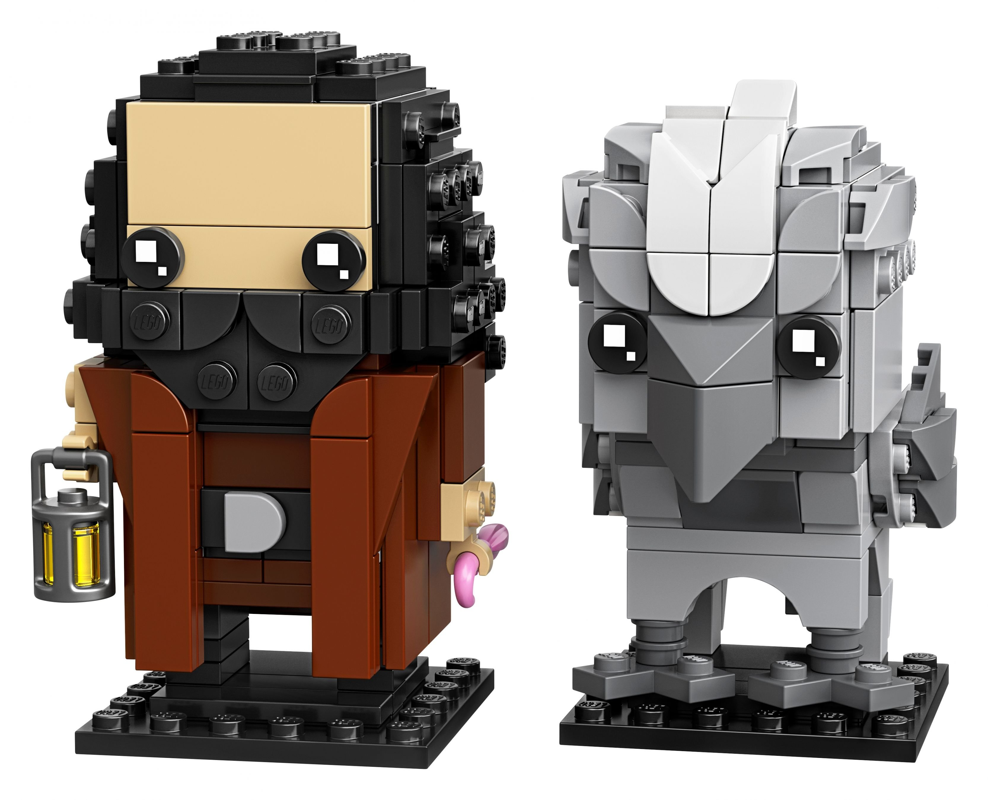 Lego figures: Hagrid with a lantern and a grey Lego creature on a white surface.