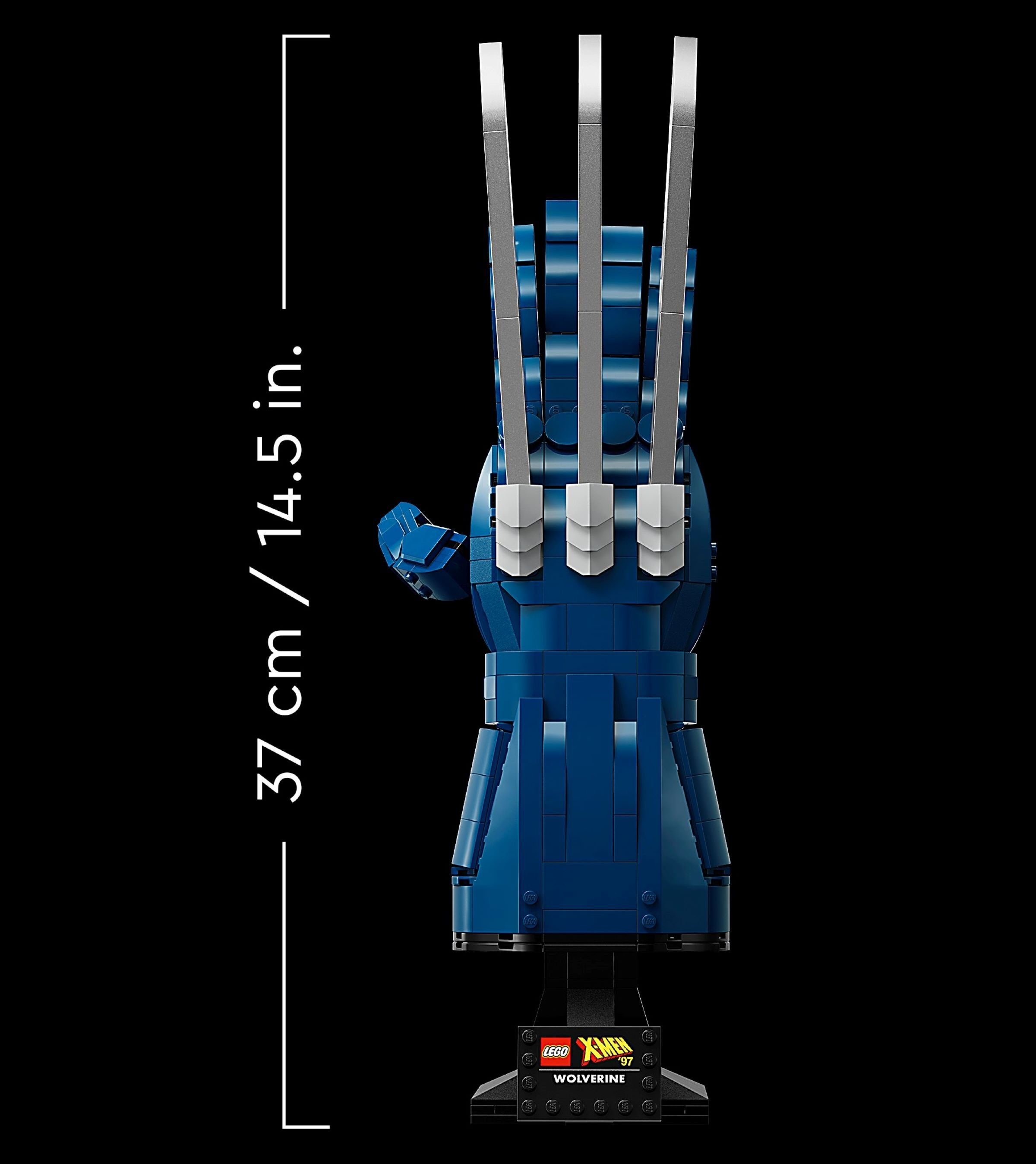 Lego Wolverine hand with claws. Dark blue and gray. Black stand with Lego logo.