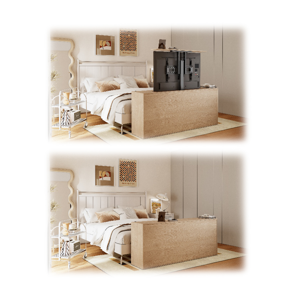 Due immagini di un letto con una TV che sorge da un mobile ai piedi.