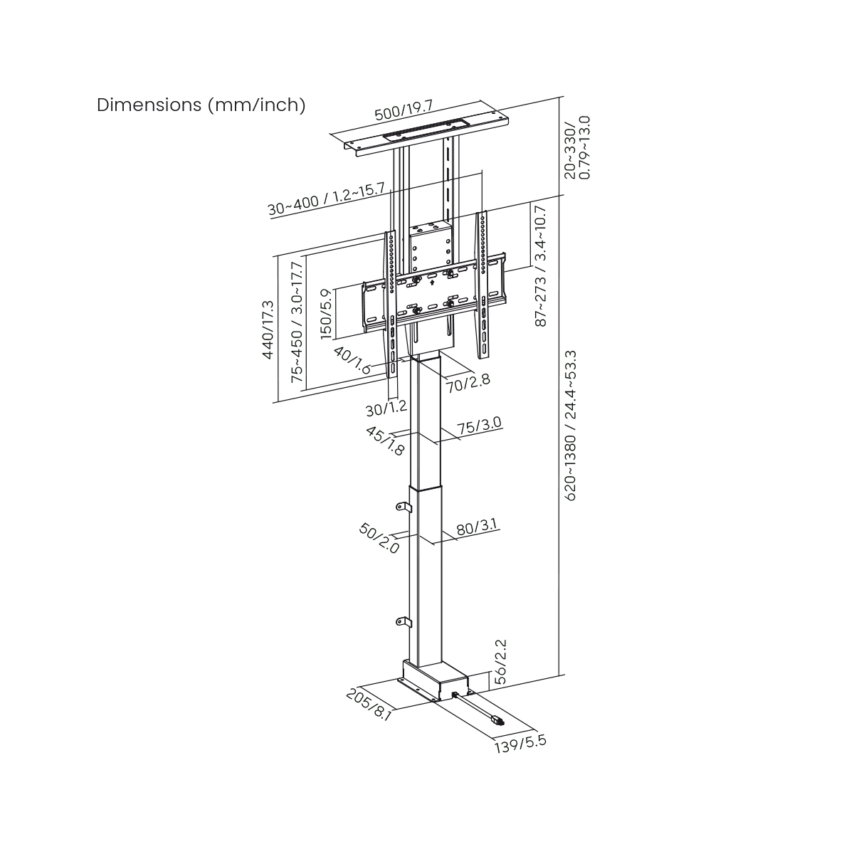 Diagramma di un supporto TV con dimensioni. Sfondo bianco.