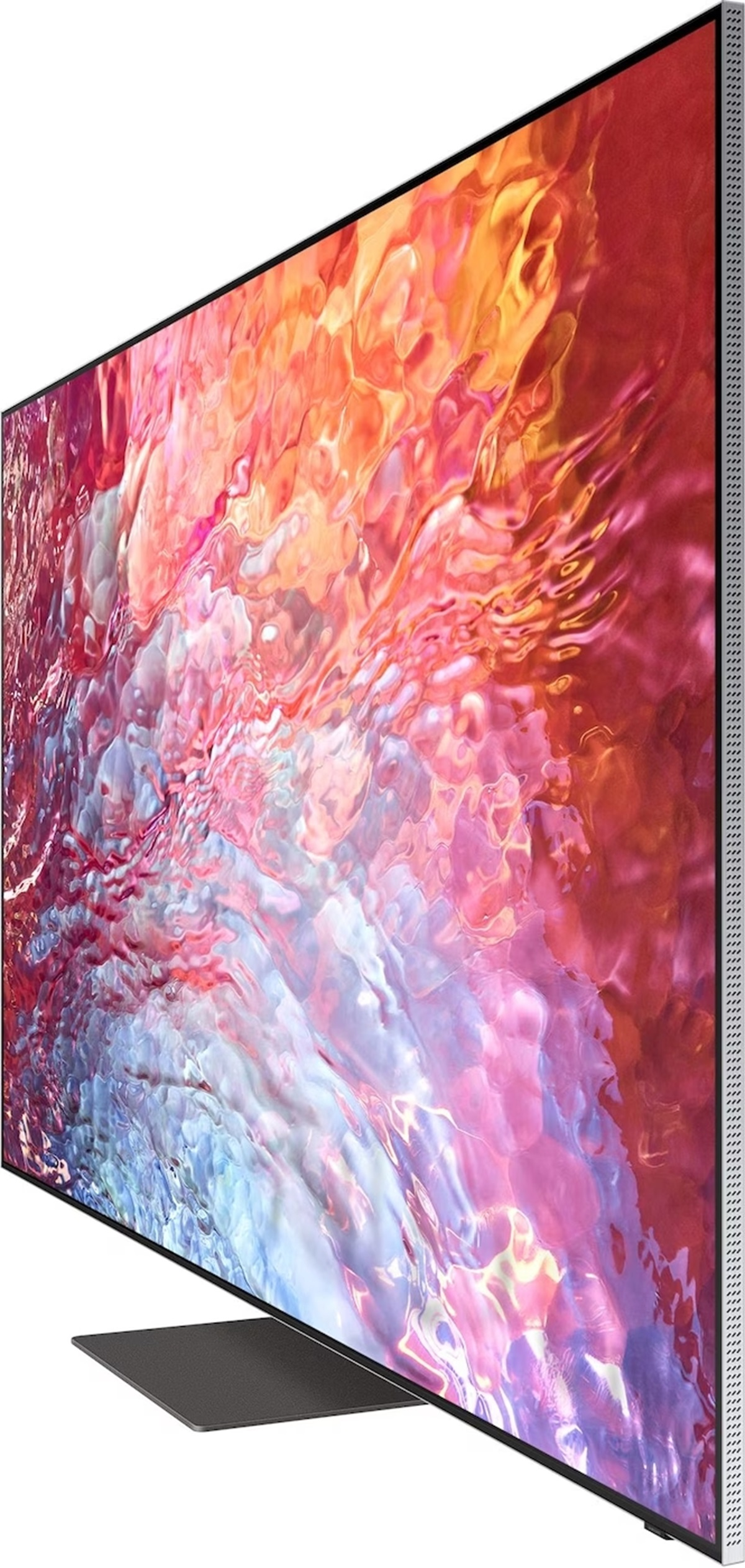 Widok z boku dużego, nowoczesnego telewizora. Ekran wyświetla kolorową sztukę abstrakcyjną.