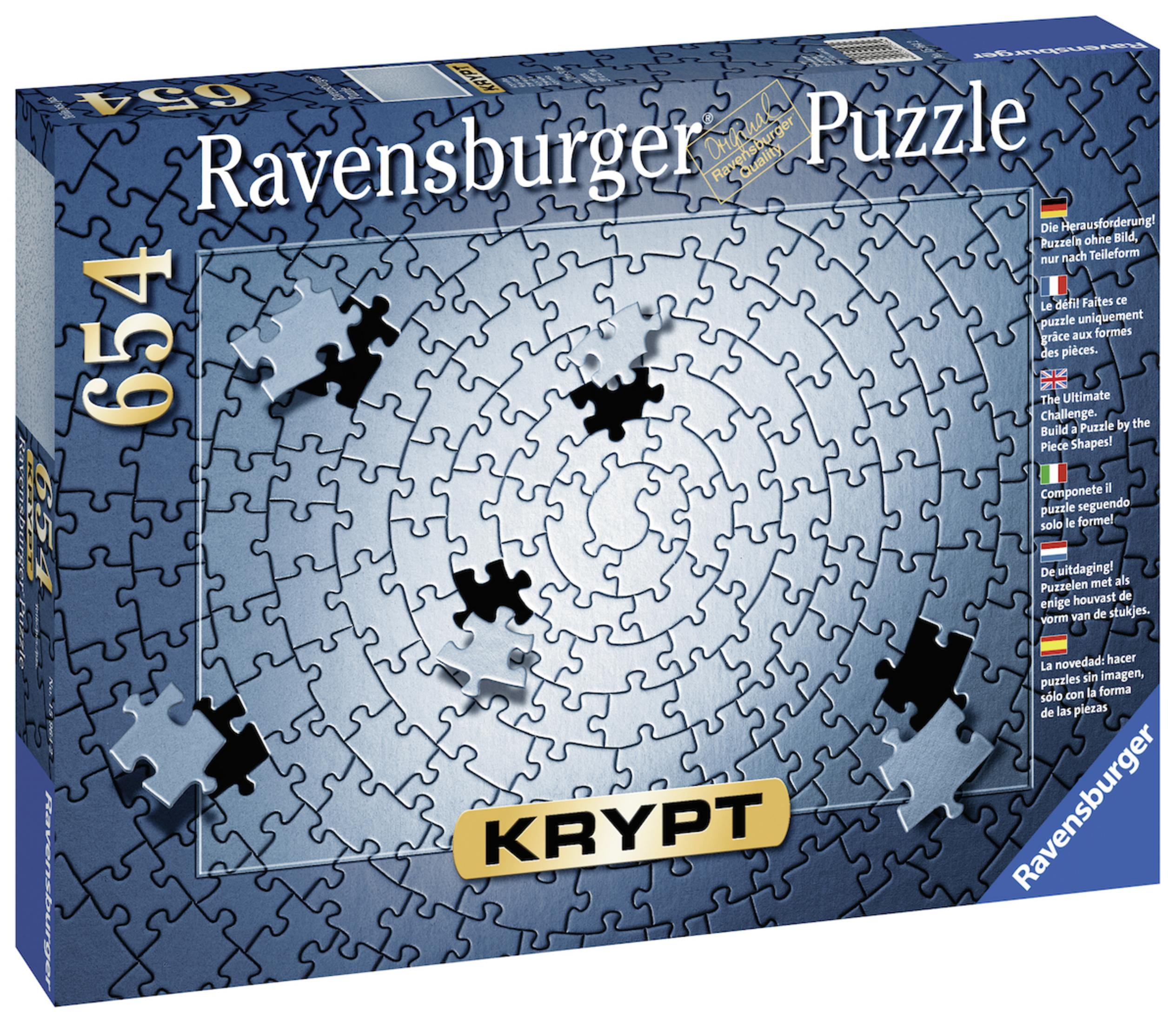 Pudełko puzzli Ravensburger z elementami tworzącymi spiralny wzór.