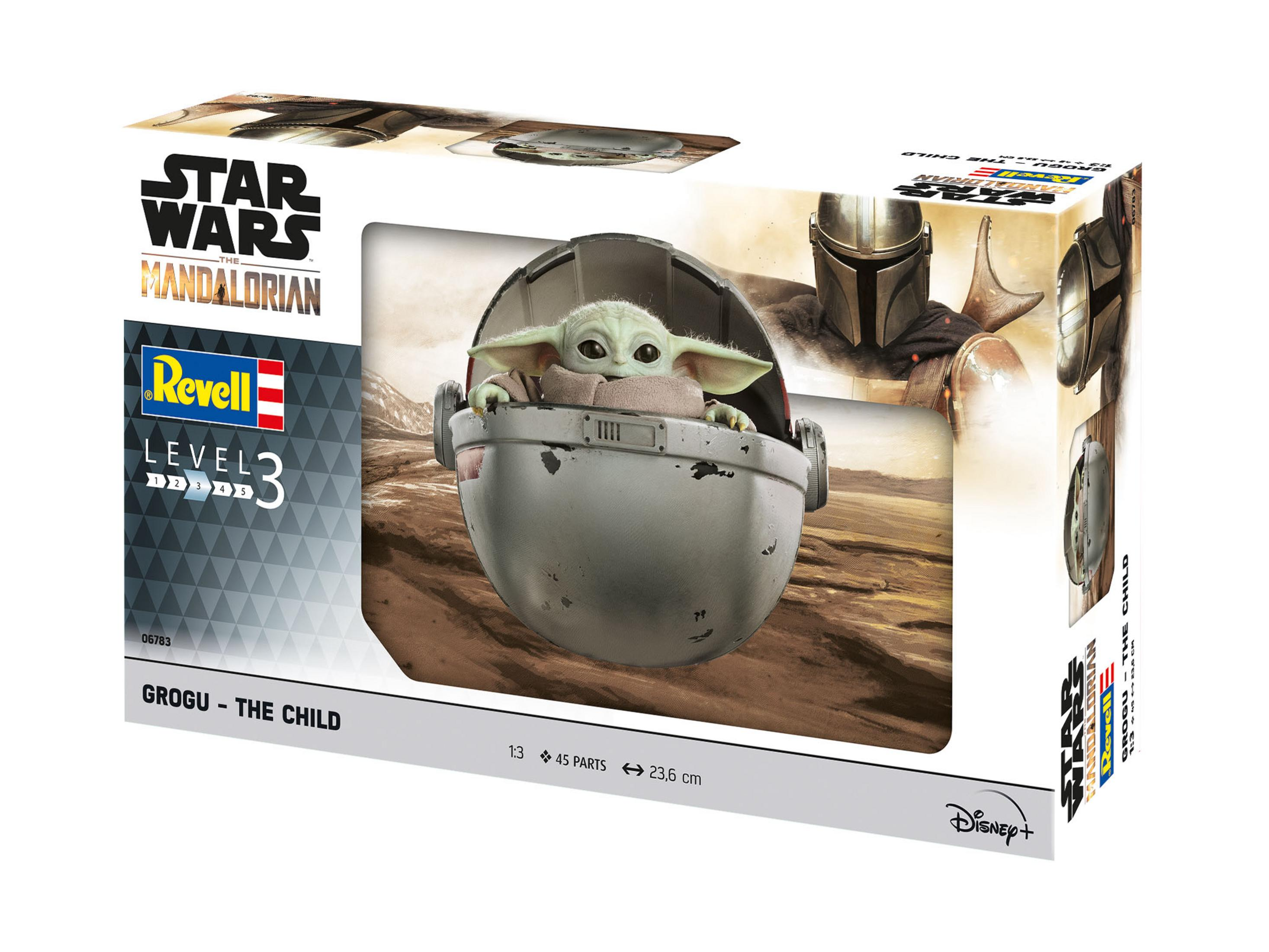 The Grogu (Baby Yoda) model kit box from Star Wars: The Mandalorian. Level 3, 45 parts.