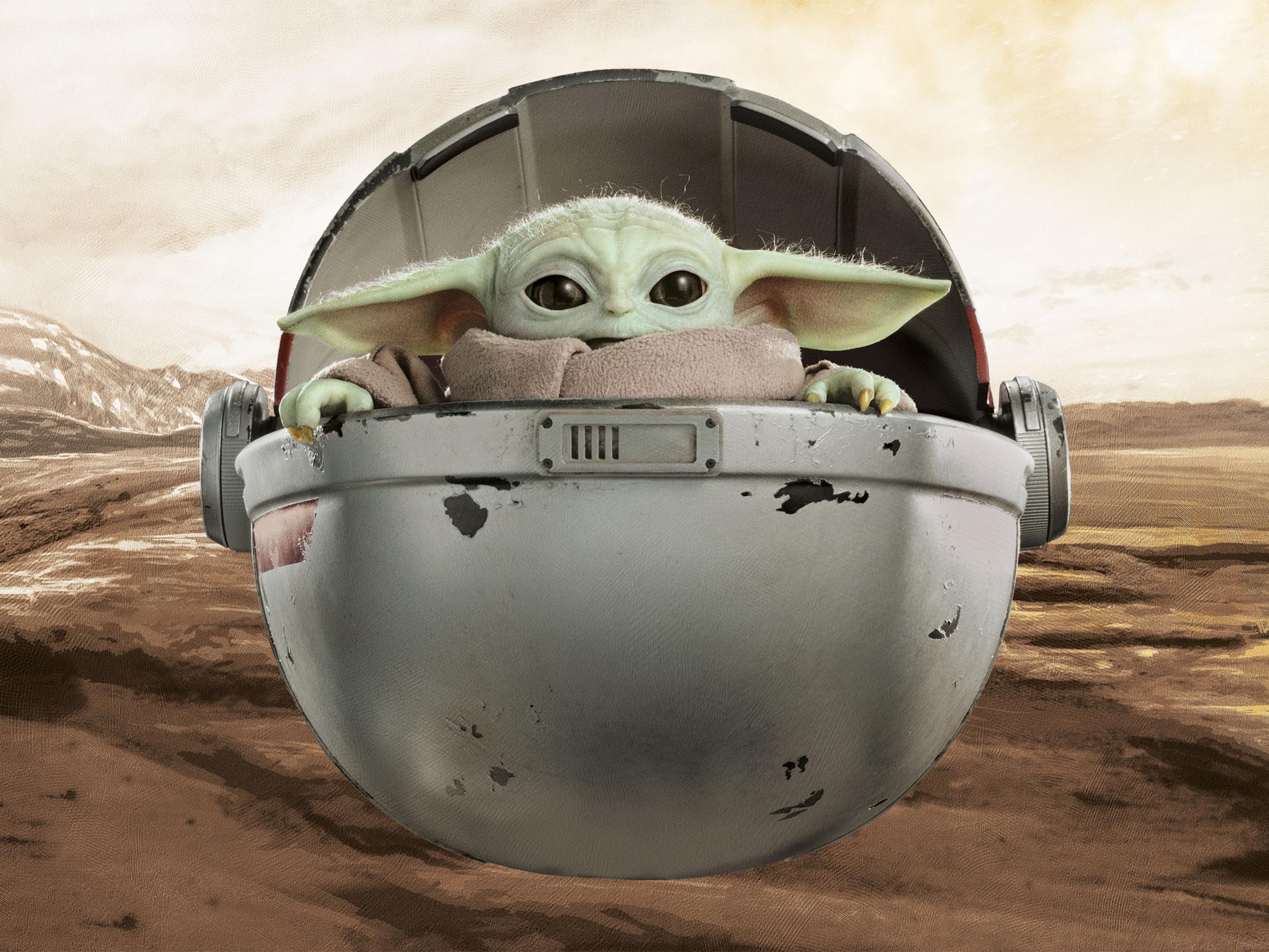 Baby Yoda in a pod, with the background of a desert landscape.