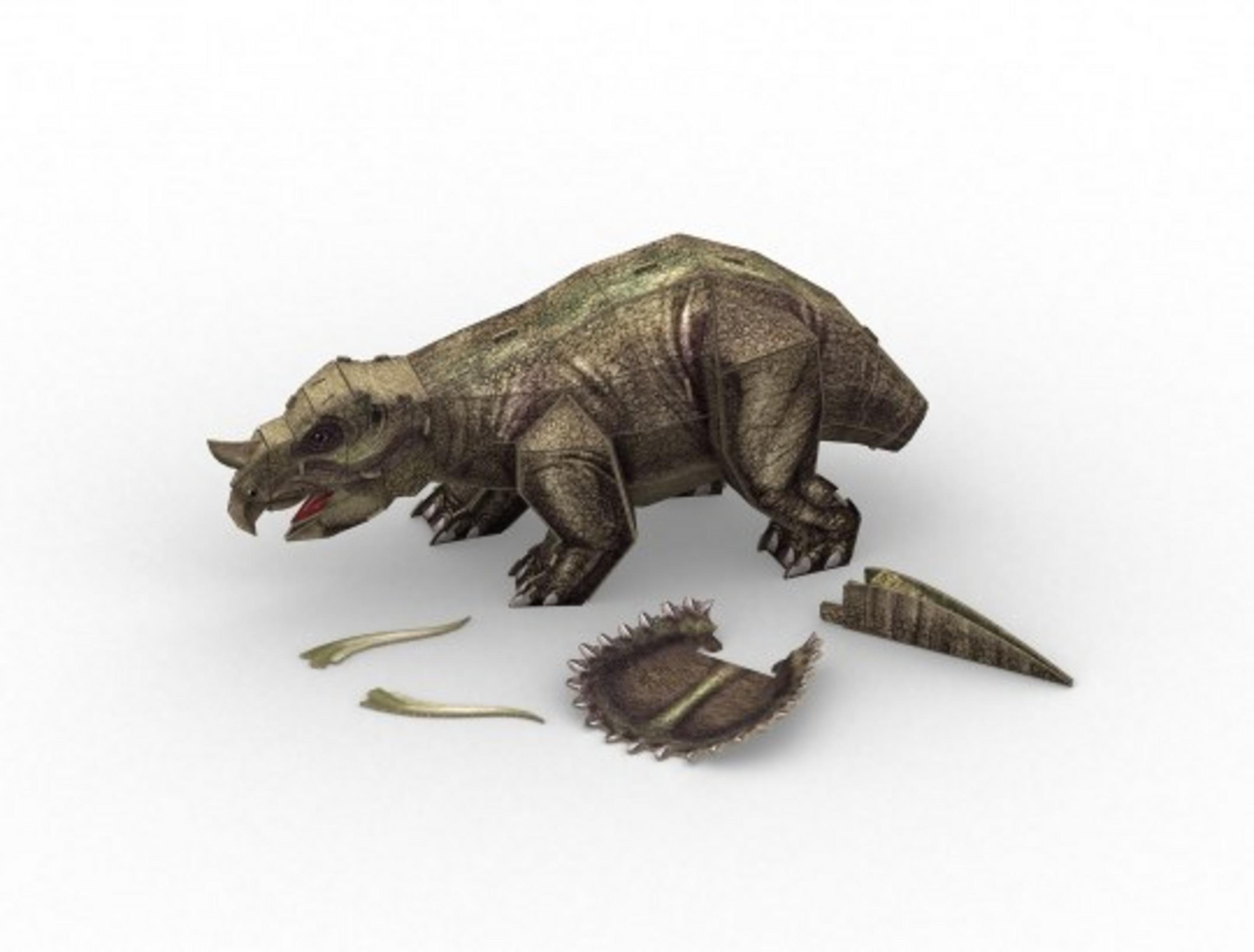 Low-poly dinosaurusmodel met losgemaakte onderdelen op een witte ondergrond.