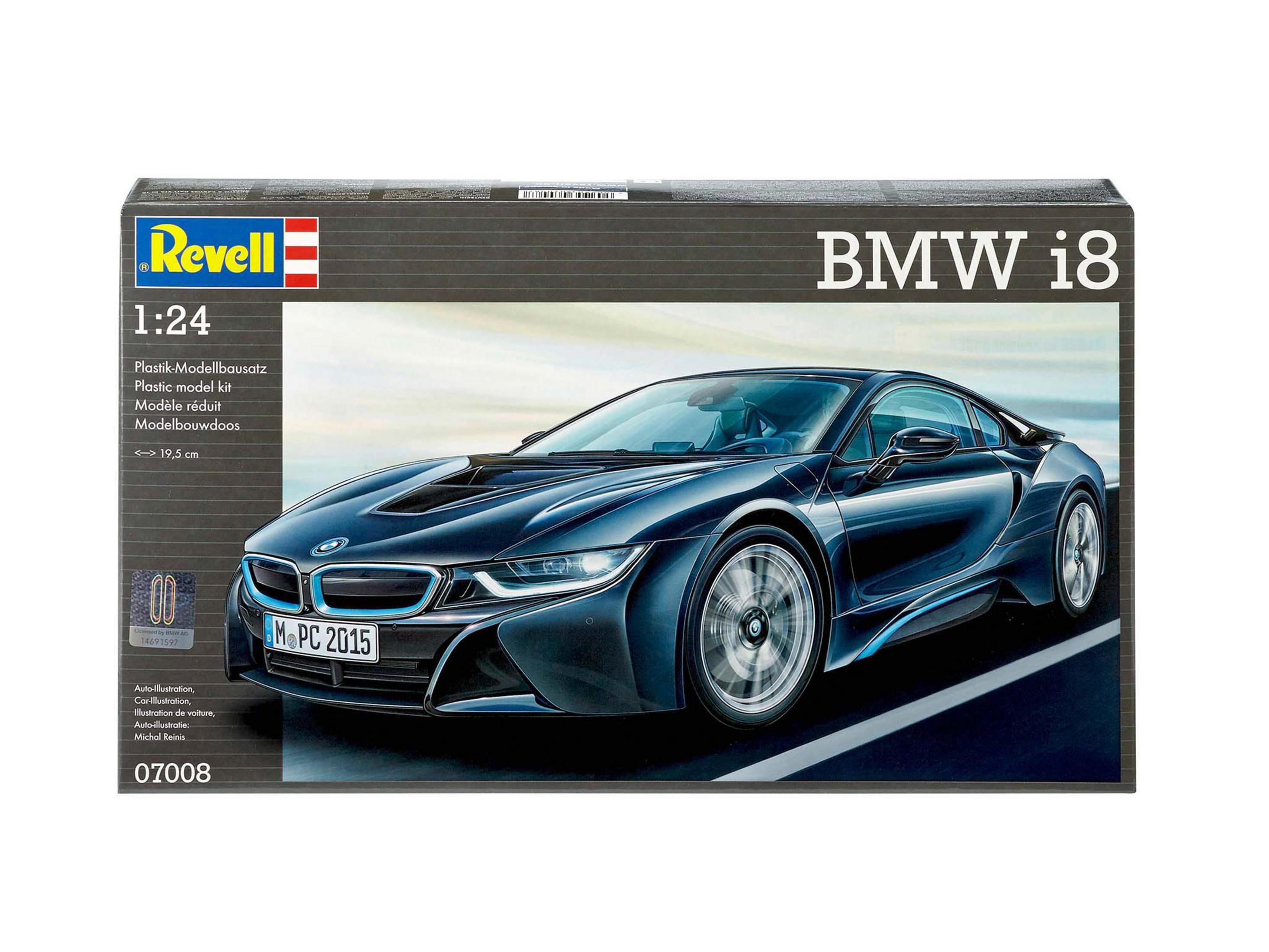 Box des BMW i8 Modellbausatzes. Das Bild zeigt ein blaues Auto auf der Abdeckung.
