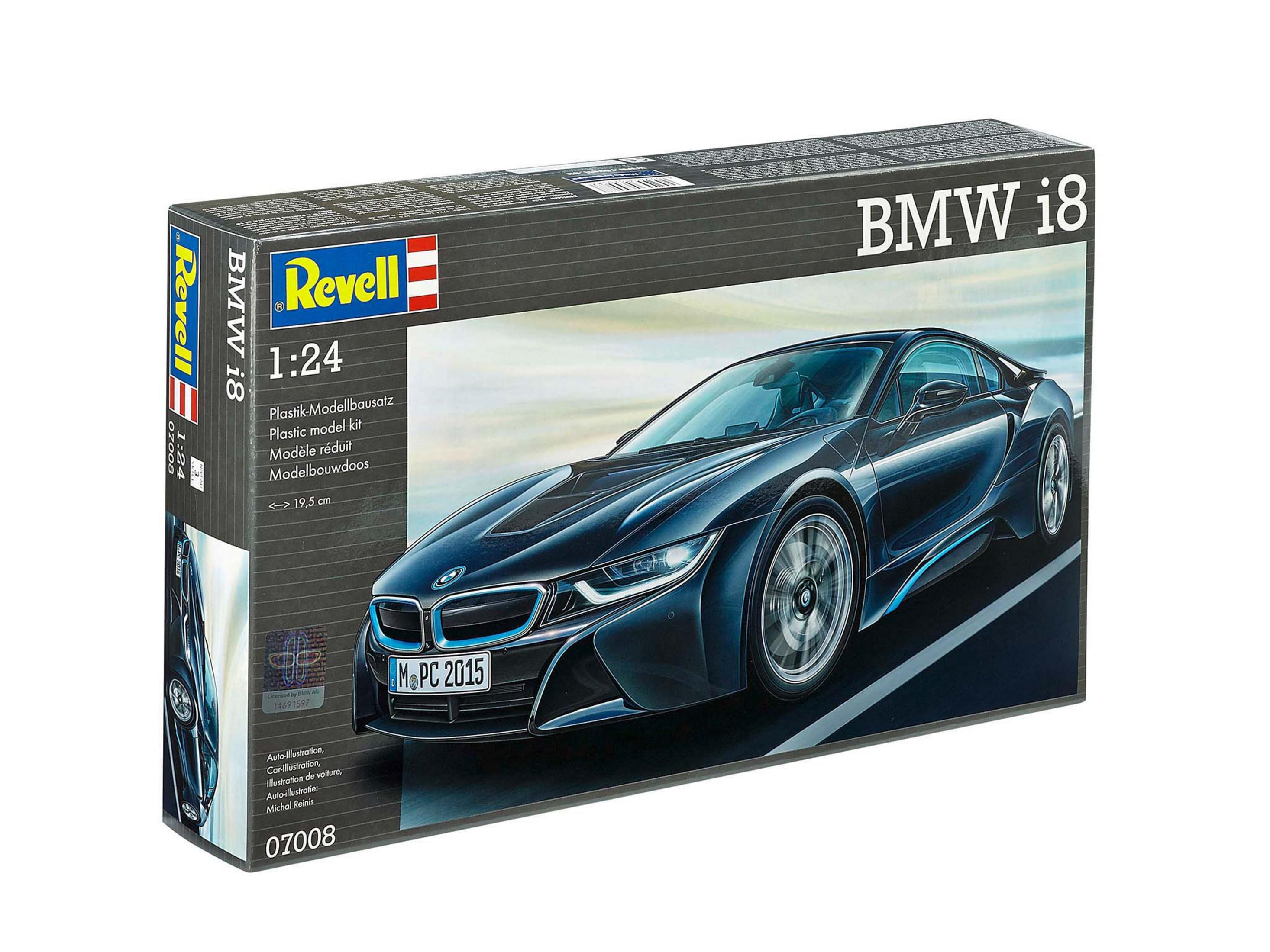 Eine Modellbau-Box eines BMW i8 Autos. Die Box zeigt ein Bild des Autos und die Marke Revell.