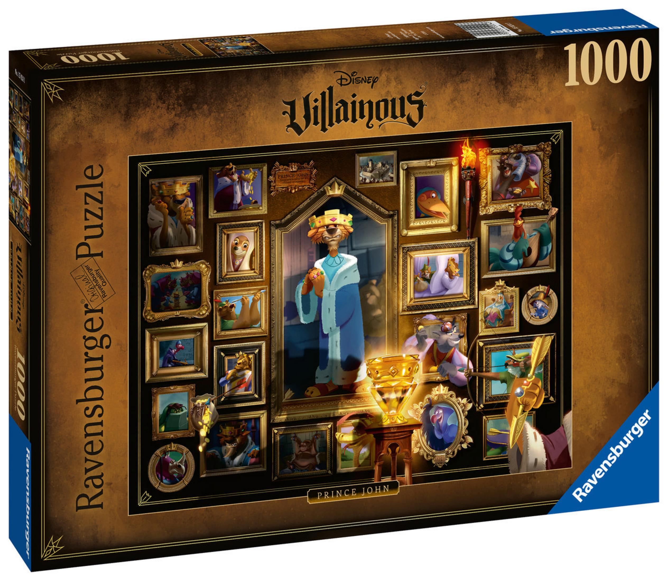 Disney Villainous Puzzleschachtel. Prinz John ist in der Mitte. Andere Schurken sind in gerahmten Bildern.