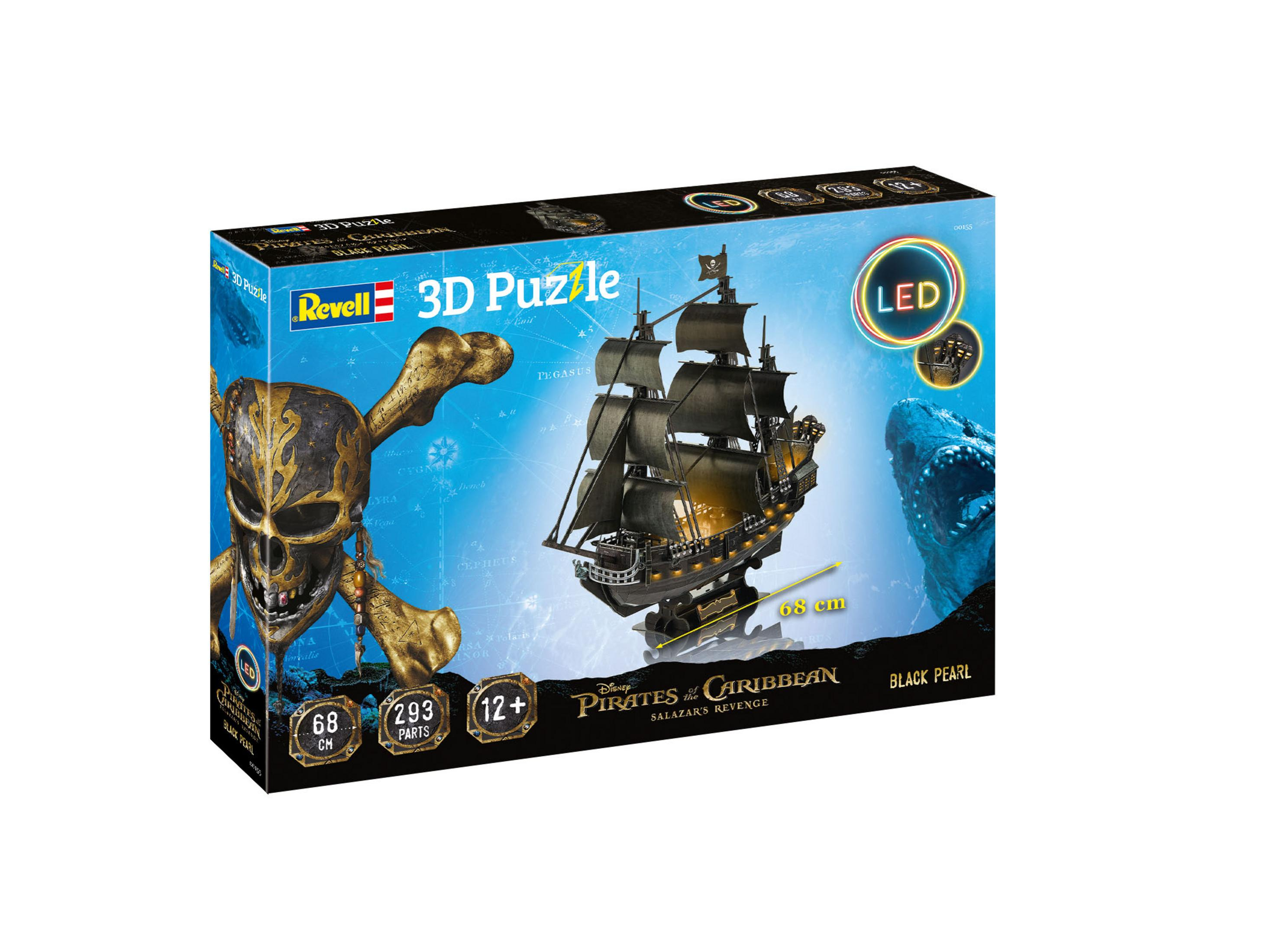 Une boîte de puzzle 3D d'un navire pirate, présentant le Black Pearl avec des lumières LED.