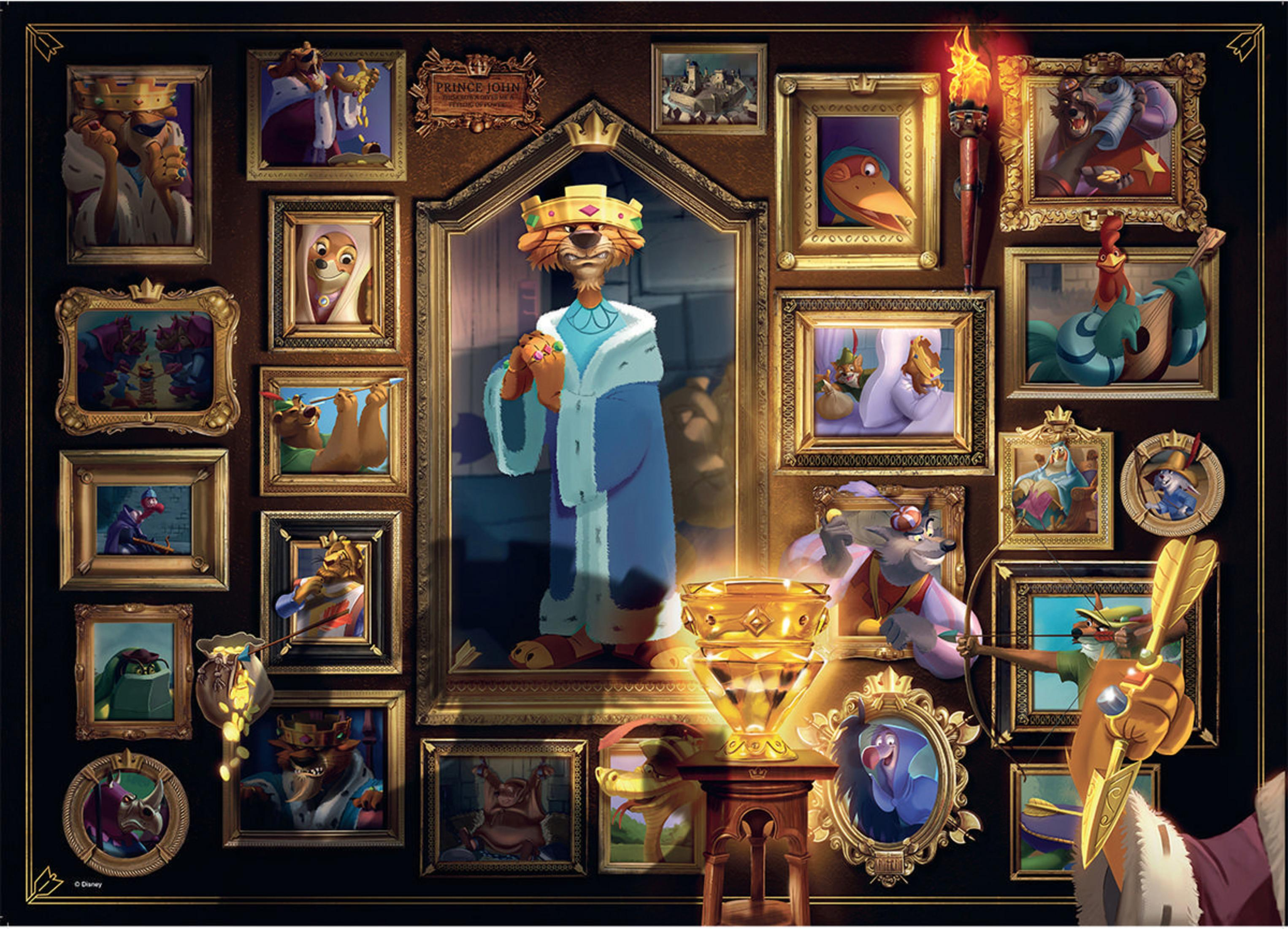 Disney Villainous Puzzleschachtel. Prinz John ist in der Mitte. Andere Schurken sind in gerahmten Bildern.