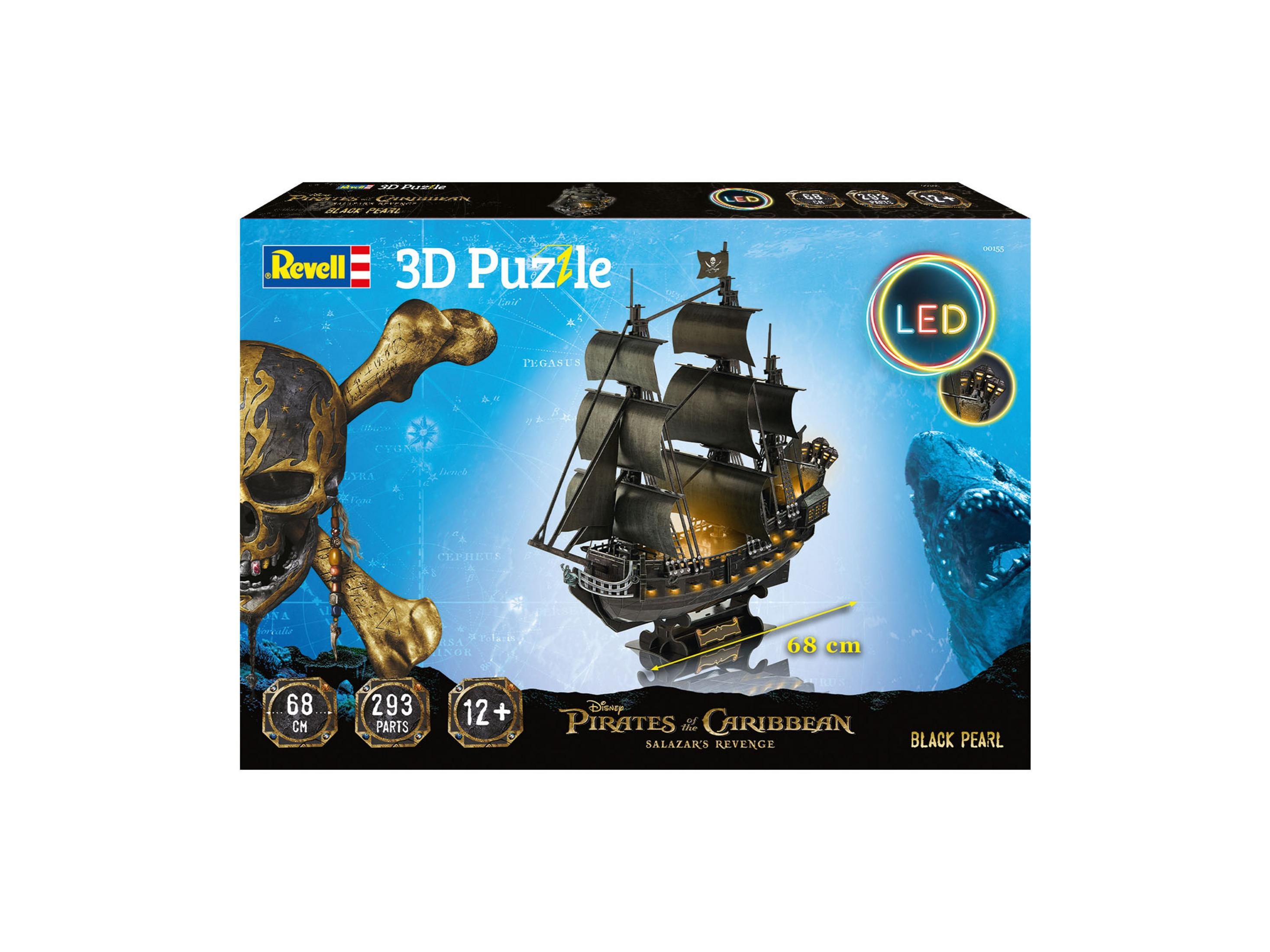 Une boîte de puzzle 3D d'un navire pirate, avec un crâne, un fond marin et le texte "Black Pearl."
