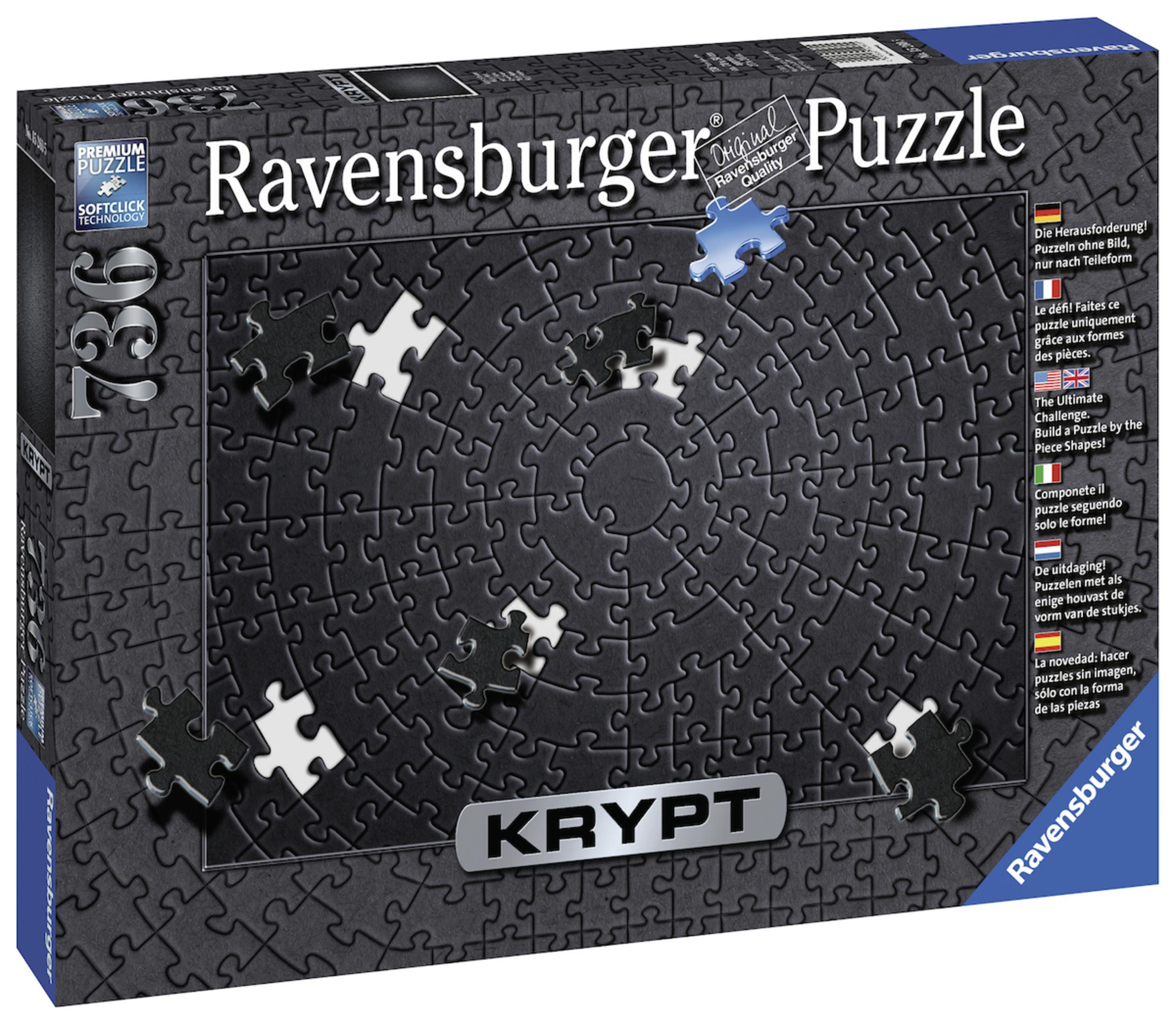 Ein Ravensburger Puzzleschachtel mit einem schwarzen, strukturierten Puzzle. Enthält Puzzleteile und Text in mehreren Sprachen.